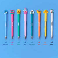 Collection of eight colorful OMY Pen Buddies pens, decorated with the characters Miky, Strawbies, Noo, Bubble, Yuki, Mewchi, Leon and Sticky, shown on a blue background with their different ink colors.