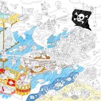 Detalle del póster gigante para colorear OMY Pirates con barco, tiburón y escenas de aventura para niños