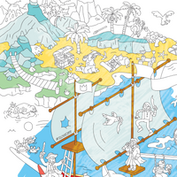 Detalle de un mapa del tesoro y un velero para colorear – póster gigante OMY Pirates, actividad lúdica para niños