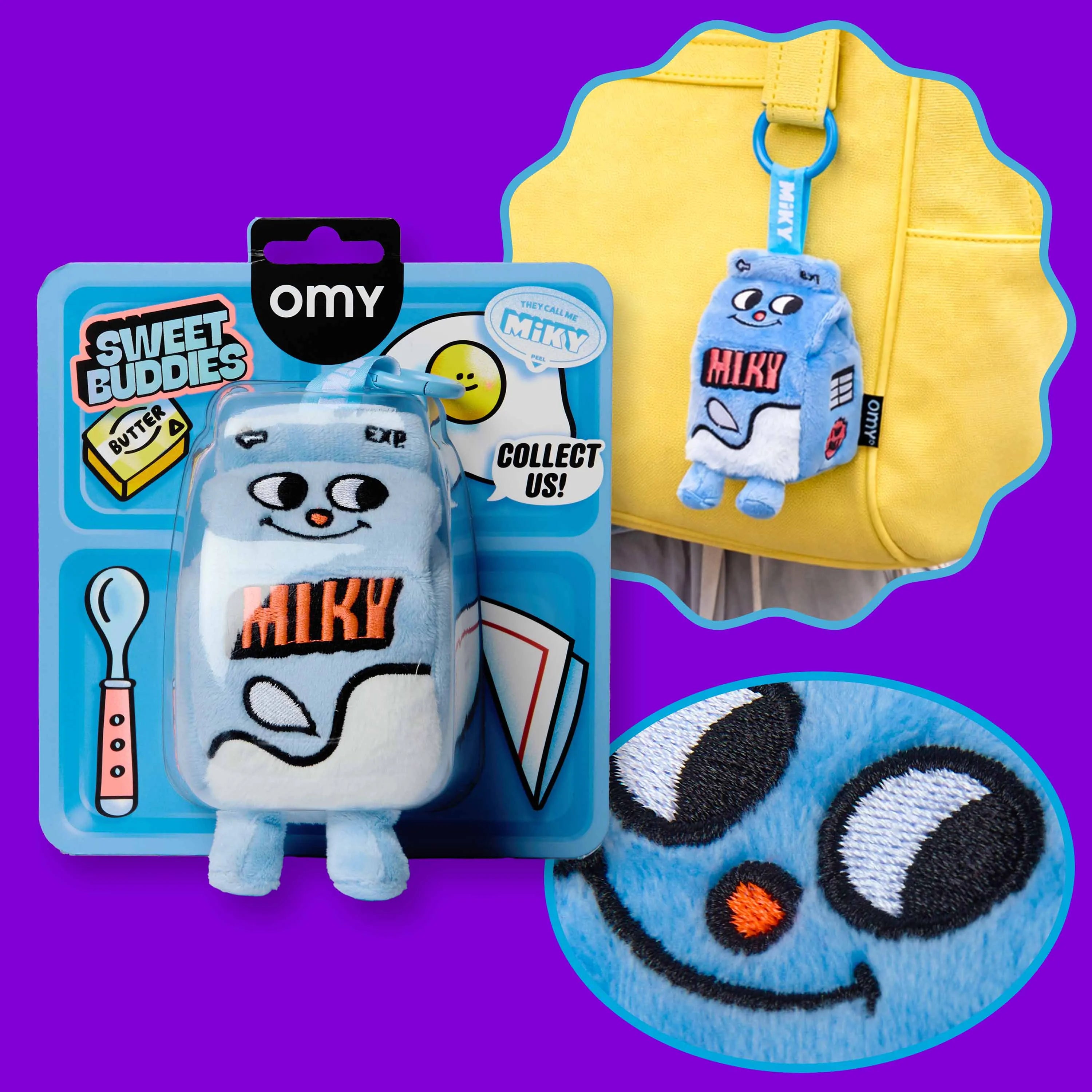 Sweet Buddies Miky OMY Plüsch-Schlüsselanhänger: in ihrer Verpackung, an einer Tasche hängend und Zoom auf ihr besticktes Gesicht