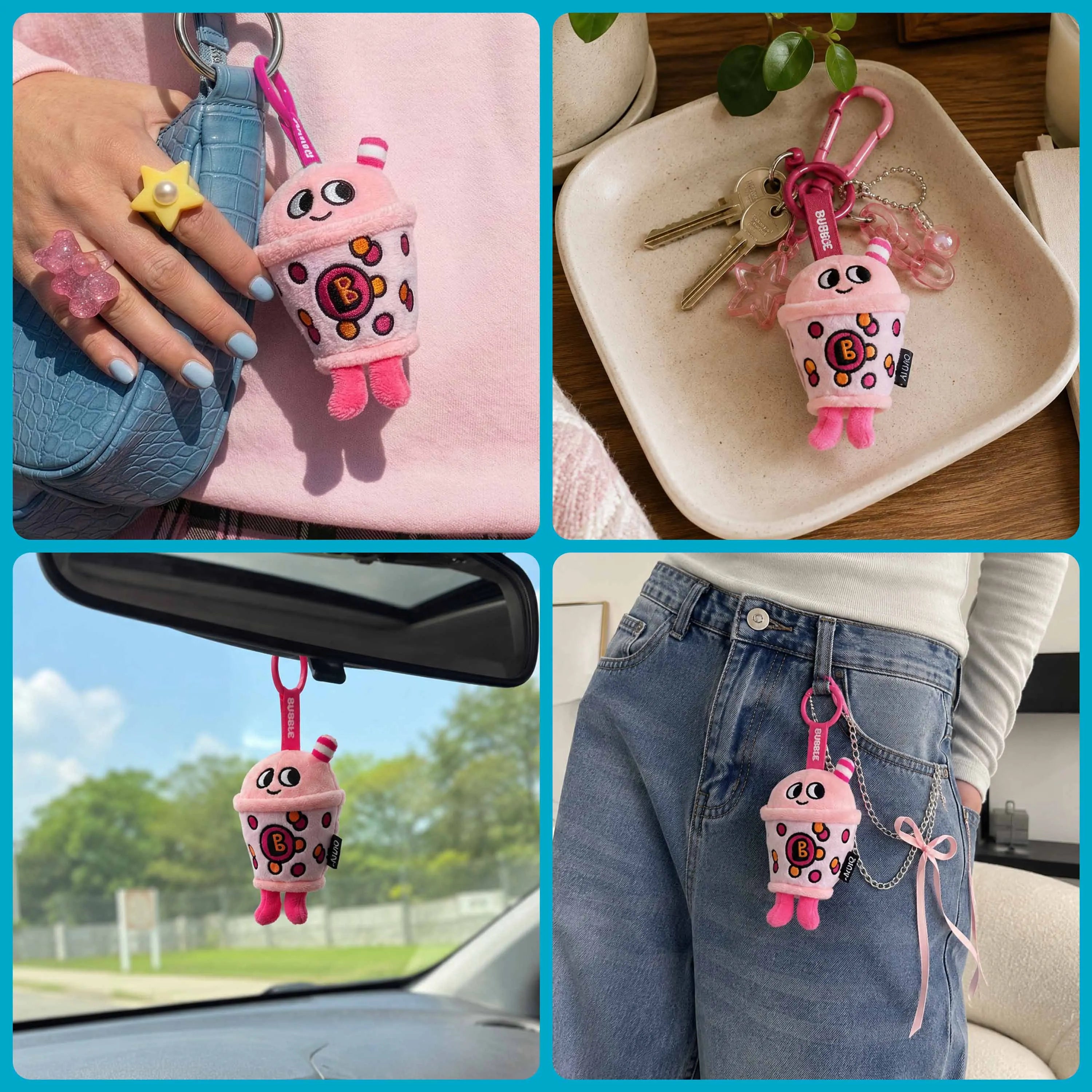 Porte-clés peluche Bubble accroché à un sac, des clés, une voiture et un jean