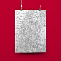 Vertical coloring poster showing New York in a detailed black-and-white illustration: Manhattan and Brooklyn with their skyscrapers, iconic bridges, the Statue of Liberty and many humorous city scenes. A teeming view rich in detail, designed for coloring and sharing across all generations.