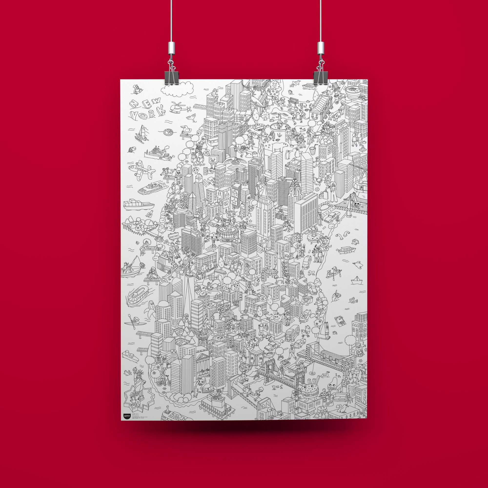 Poster vertical à colorier représentant New York en illustration détaillée en noir et blanc : Manhattan et Brooklyn avec leurs gratte-ciel, ponts emblématiques, la Statue de la Liberté et de nombreuses scènes urbaines pleines d’humour. Une vue foisonnante riche en détails, conçue pour le coloriage et le partage entre toutes les générations.