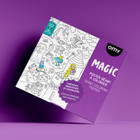 OMY Magic giant coloring poster in its purple sleeve, illustrated with dragons, castles and unicorns.