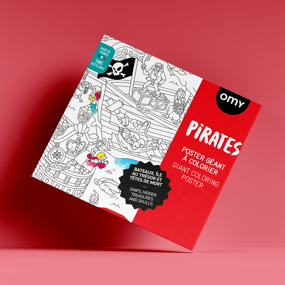Póster gigante para colorear OMY Pirates – actividad creativa para niños con isla del tesoro, barcos, esqueletos y escenas marinas