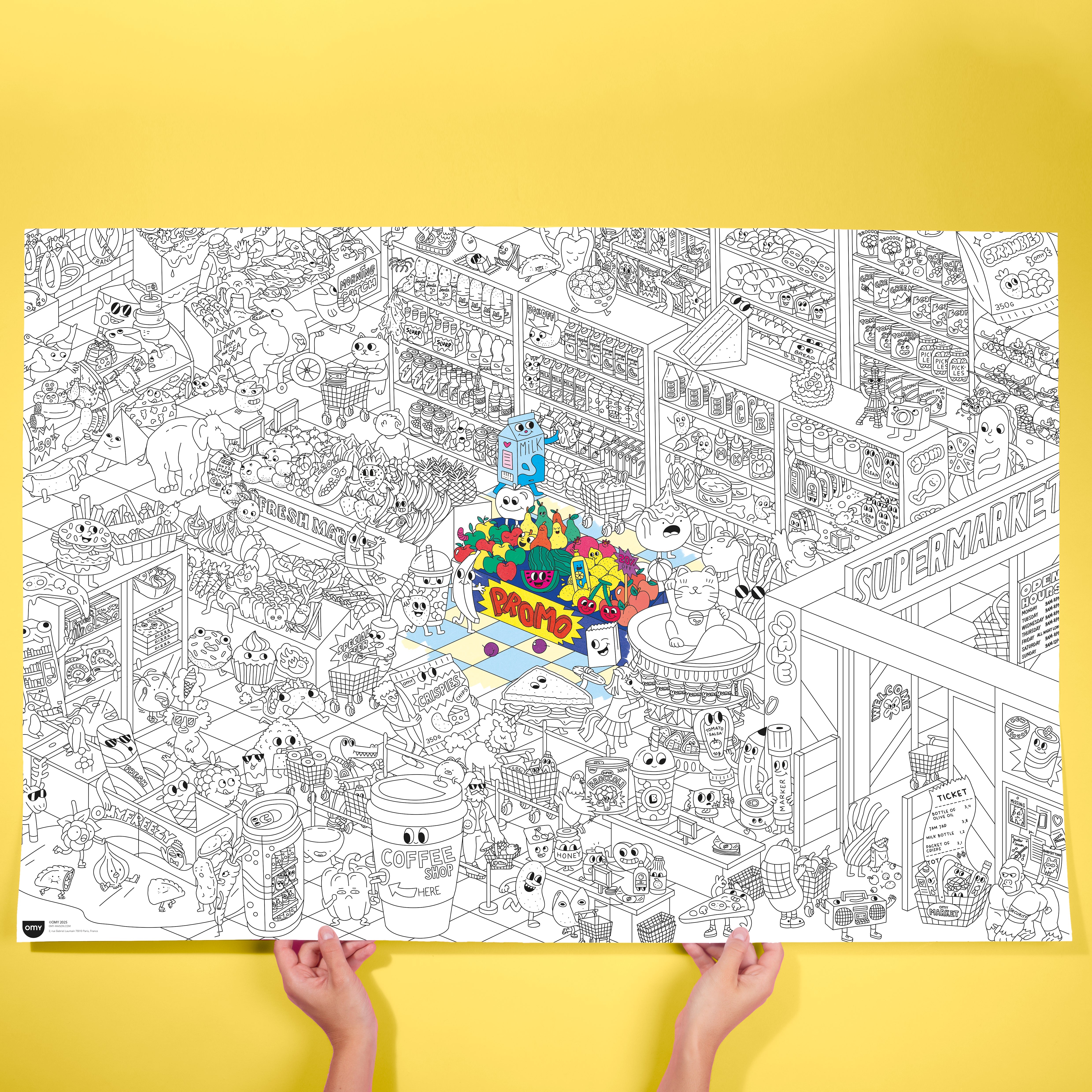 Ambiente del póster gigante de OMY para colorear con temática de supermercado, actividad lúdica y artística para niños