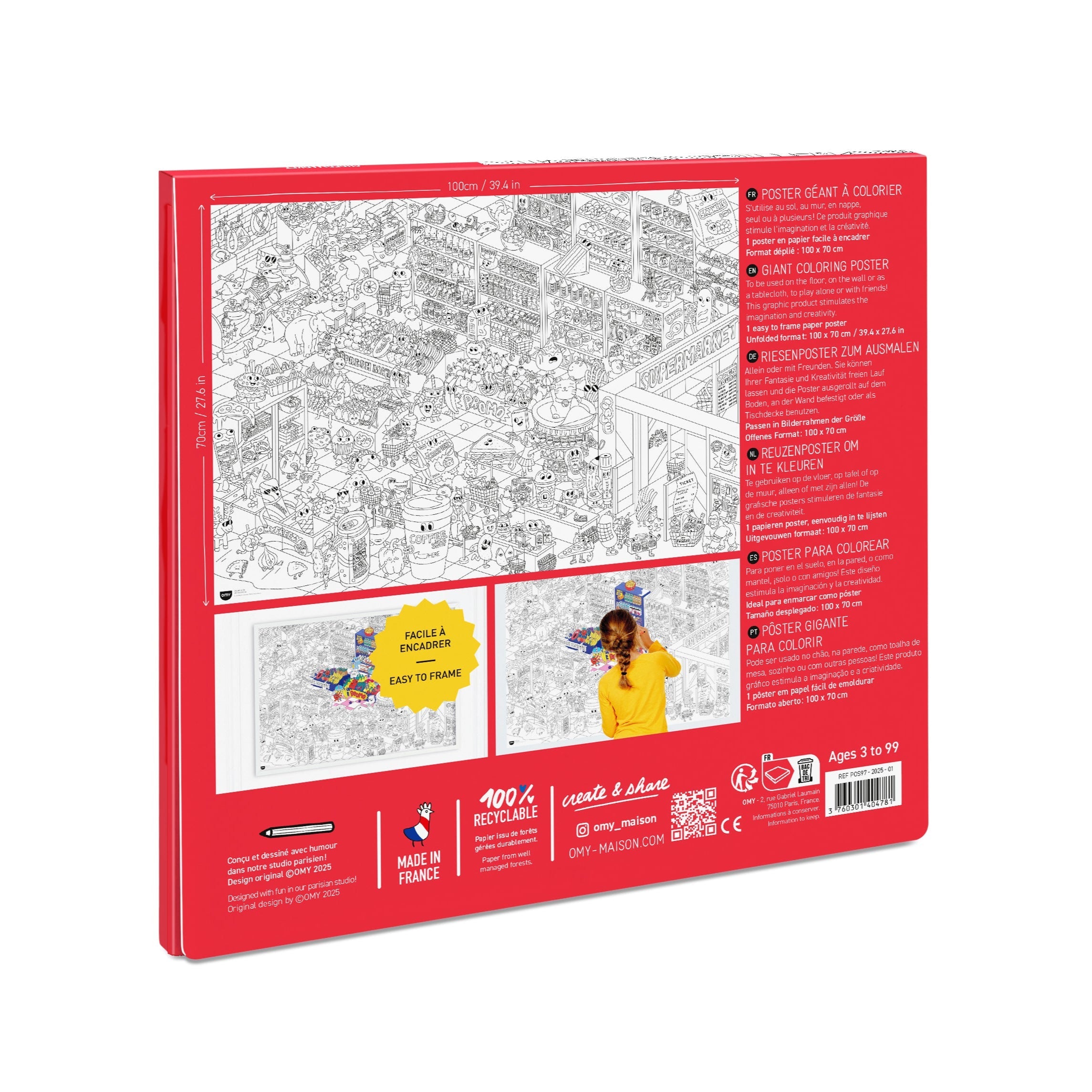 Rückansicht der Super Market OMY-Box mit mehrsprachiger Beschreibung und Vorschau des gerahmten Riesenposters zum Ausmalen