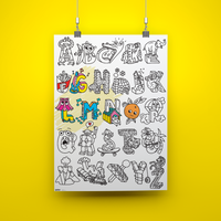 ABC giant poster hung up – illustrations to color with letters and fun animals.