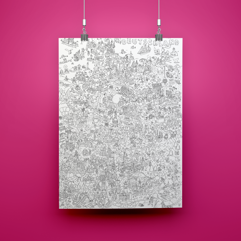 Póster para colorear de Alemania colgado en la pared, diseño detallado en blanco y negro
