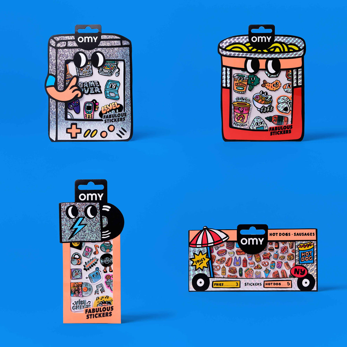 Four packages of OMY stickers on a blue background