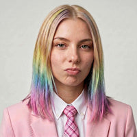 Femme aux cheveux mi-longs blonds avec mèches arc-en-ciel pastel (rose, bleu, vert, jaune et violet), coloration temporaire réalisée avec hair chalk, look moderne et créatif