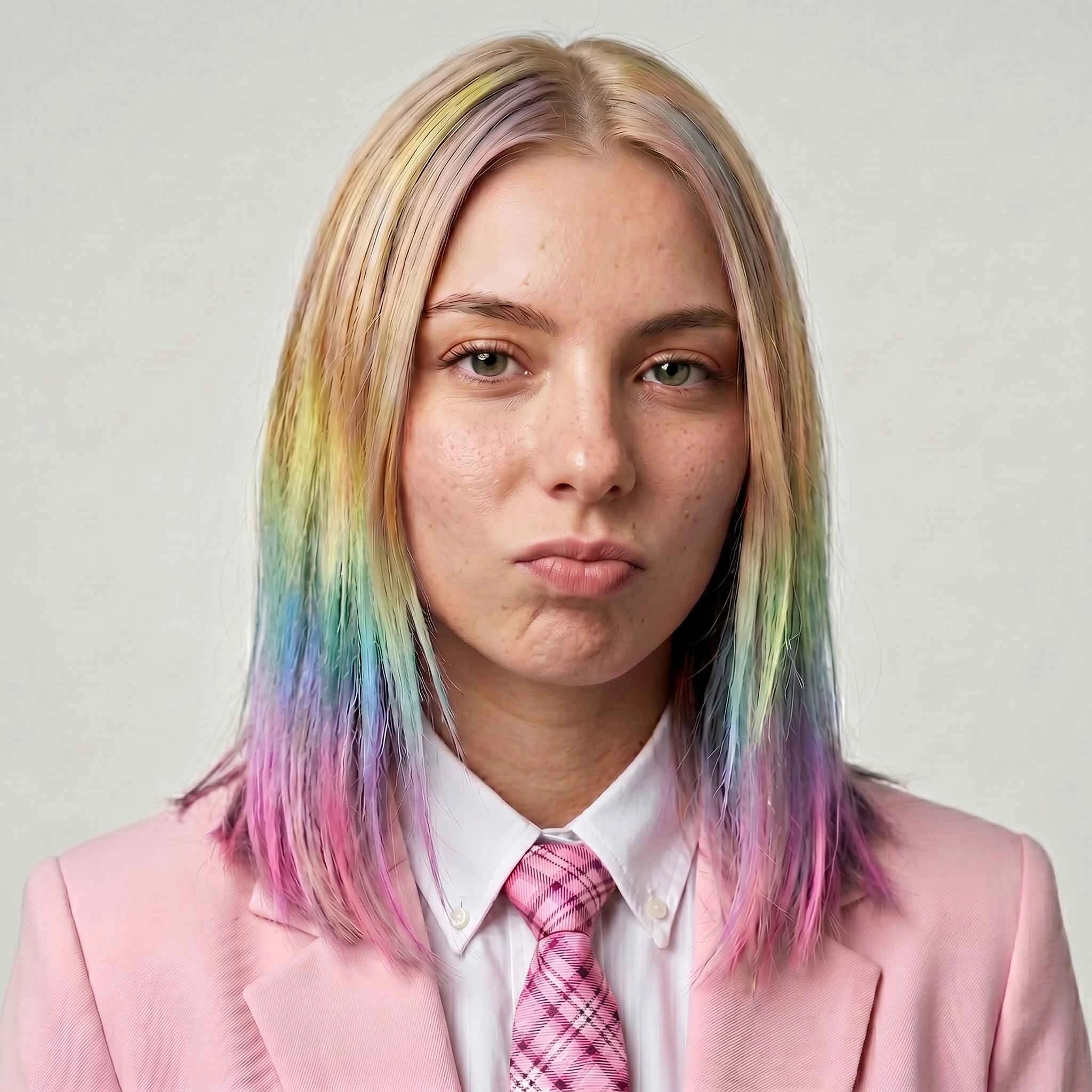 Femme aux cheveux mi-longs blonds avec mèches arc-en-ciel pastel (rose, bleu, vert, jaune et violet), coloration temporaire réalisée avec hair chalk, look moderne et créatif