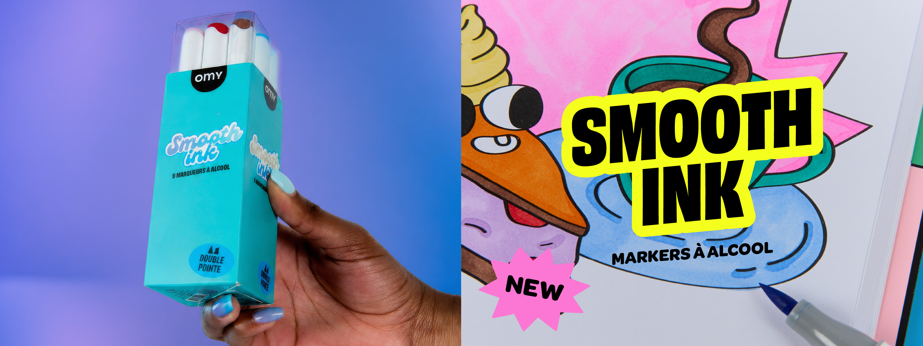 Coffret Smooth Ink OMY et illustration colorée.