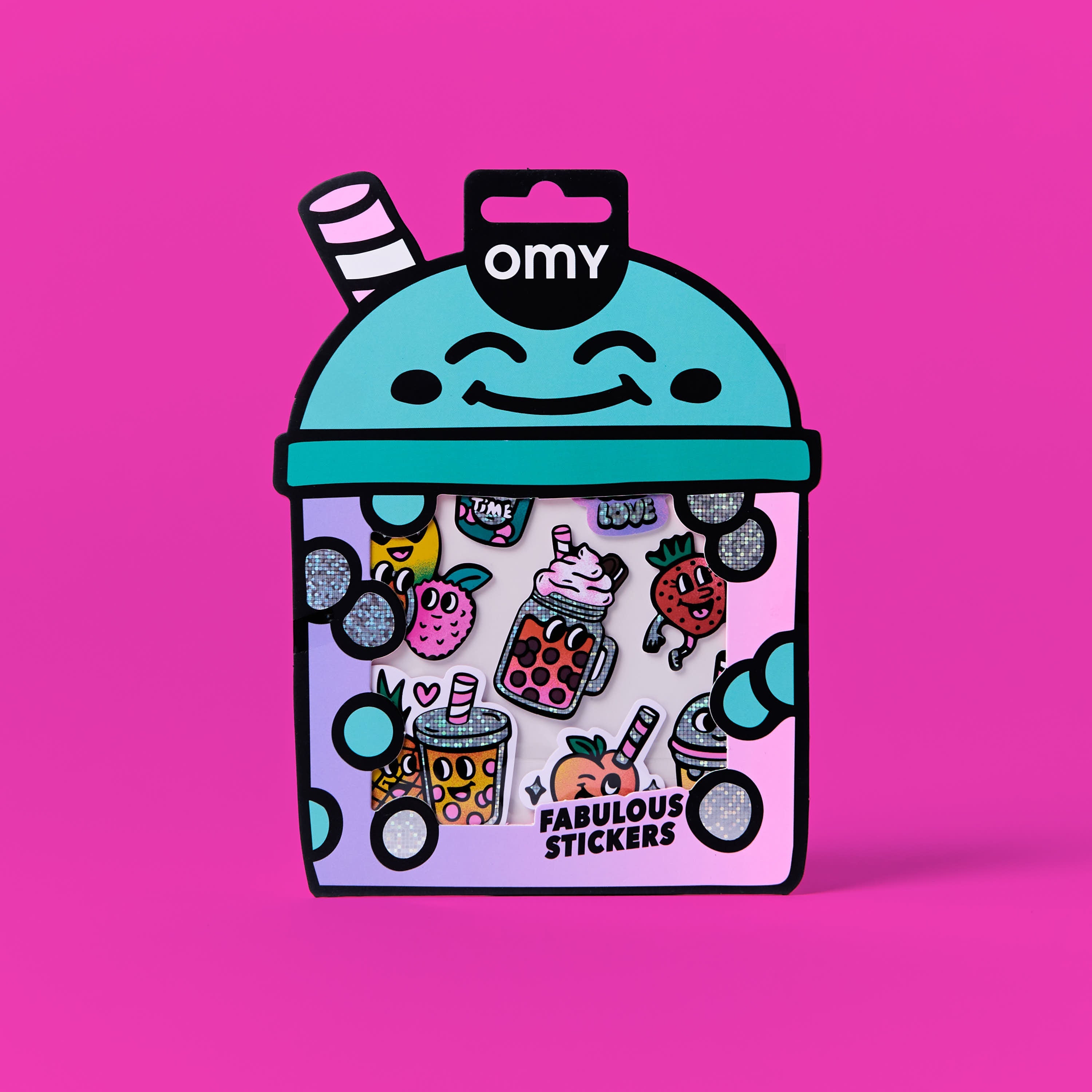 Packaging Fabulous Stickers Bubble Tea OMY, stickers fluorescents et holographiques sur fond rose