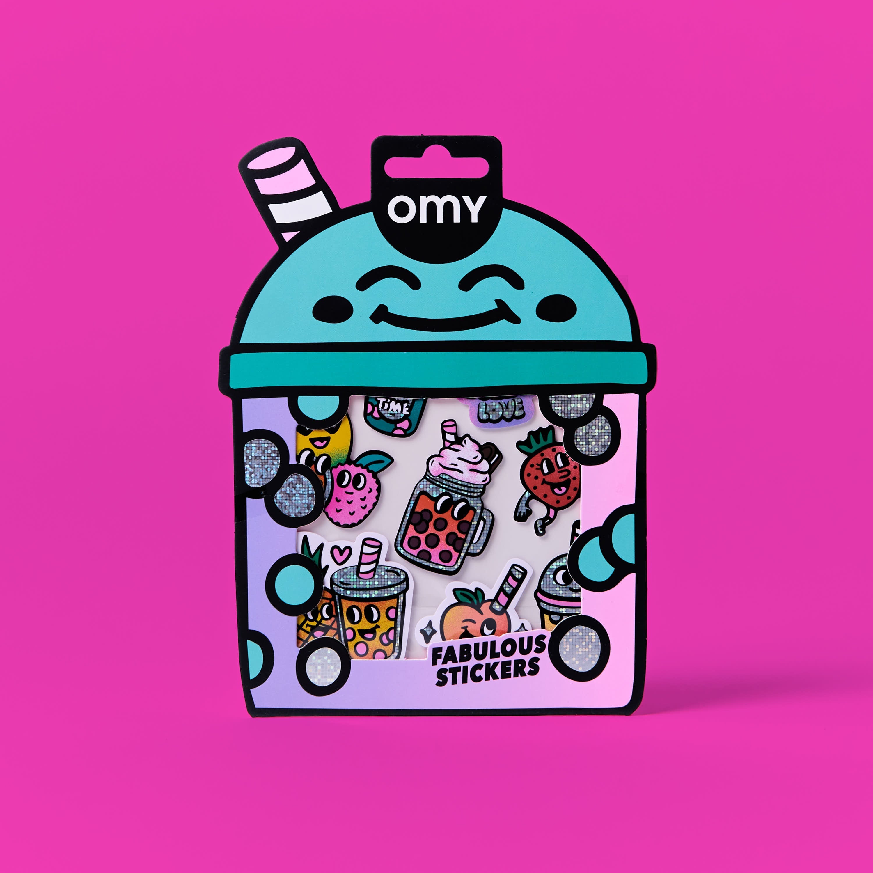 Pack de autocolantes big bubble tea OMY sobre fundo rosa