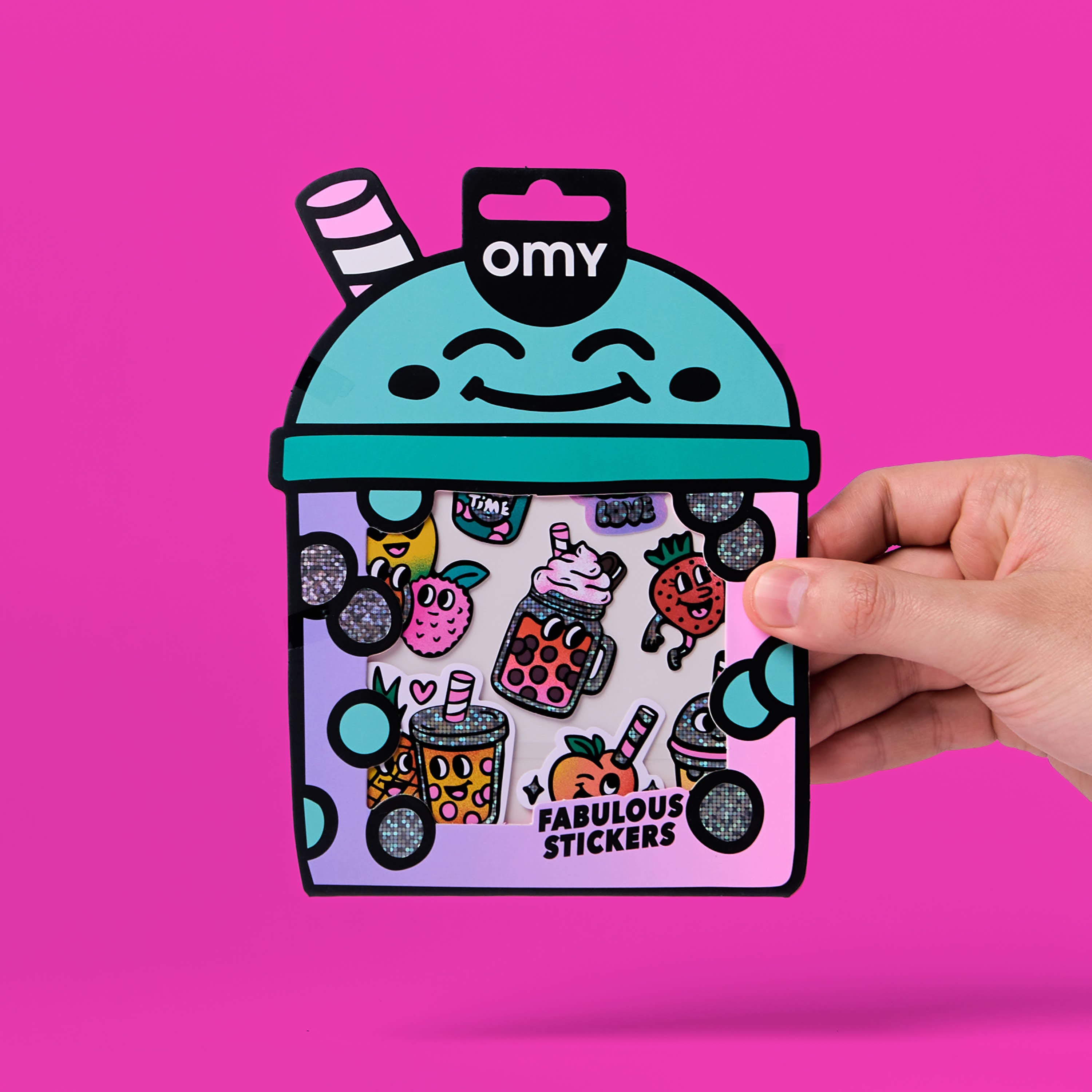 Fabulous Stickers Bubble Tea OMY, planche de stickers vinyle holographiques et fluorescents en forme de bubble tea, sur fond rose