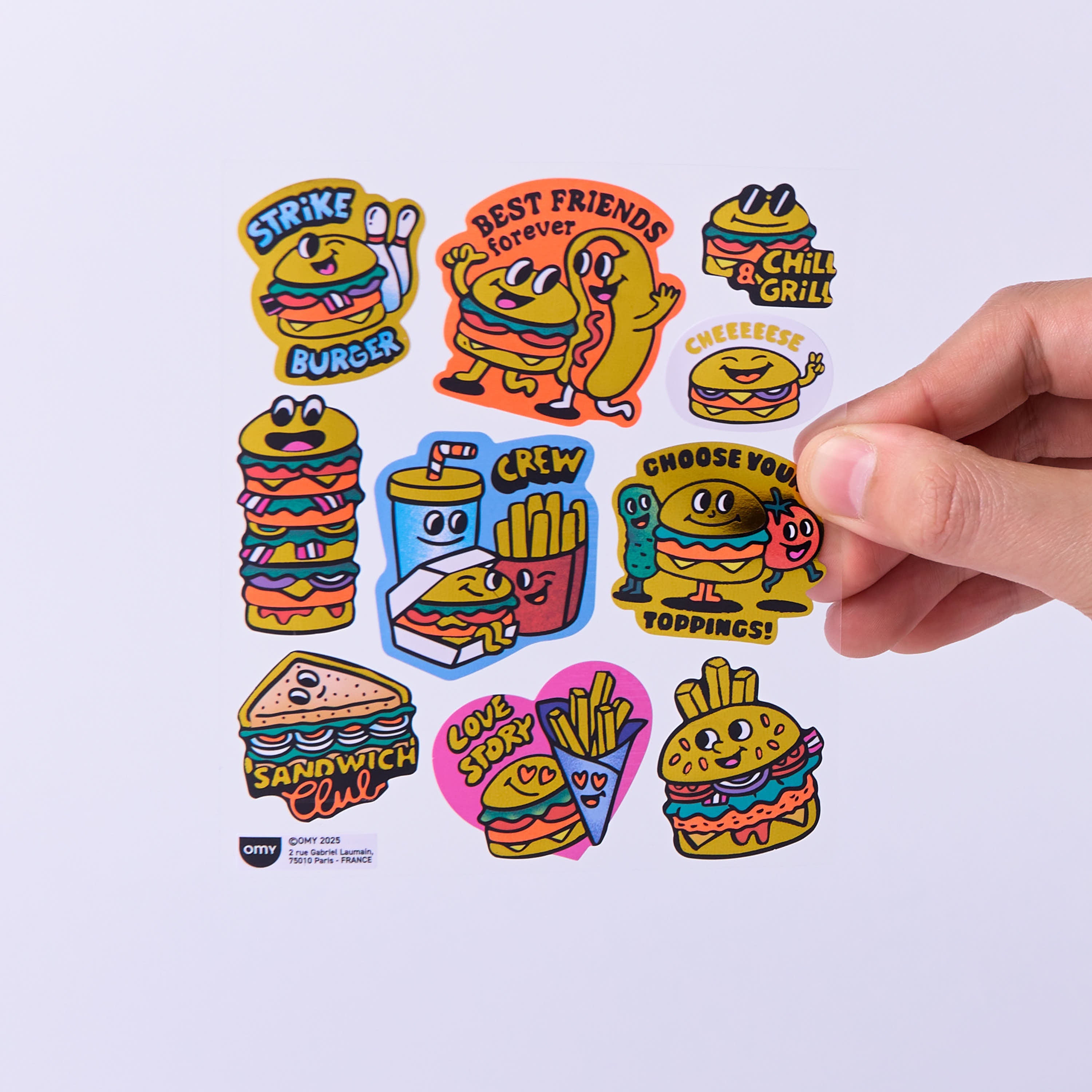 Fabulous Stickers Big Burger sticker sheet, stickers of burgers, fries, soda and sandwiches, fun OMY illustrations