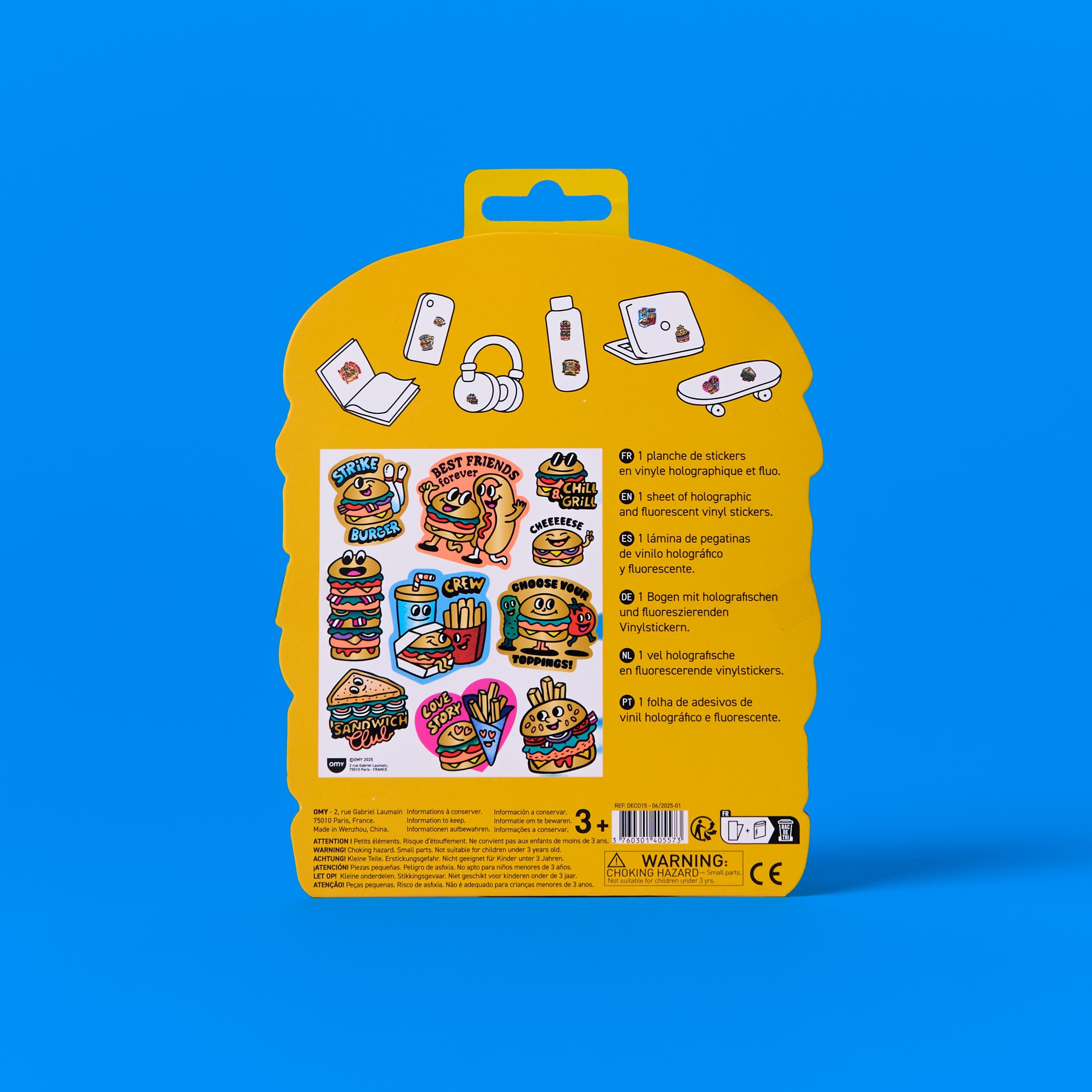 Back of the Fabulous Stickers Big Burger OMY packaging, vinyl sticker sheet in gold to personalize objects
