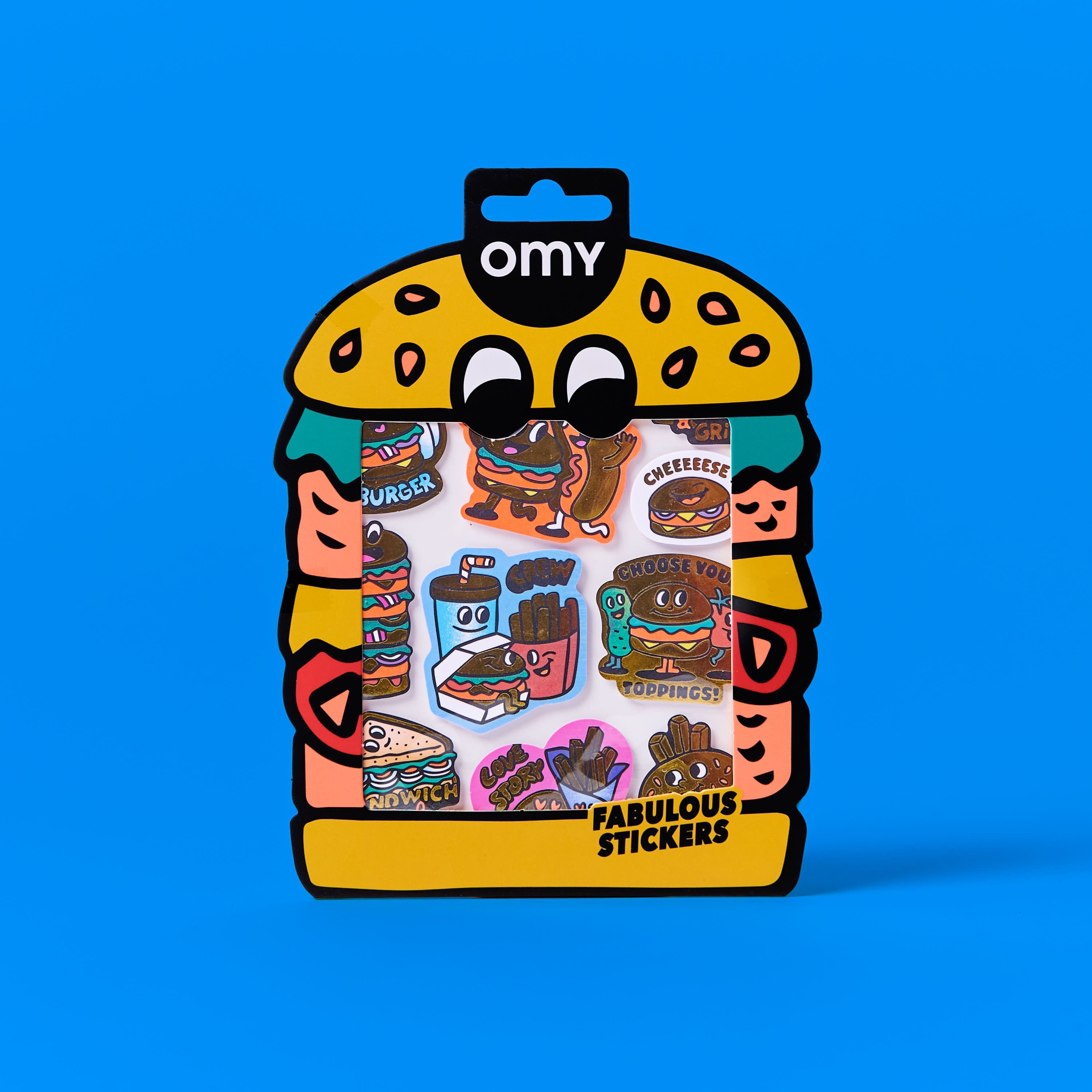 Fabulous Stickers Big Burger OMY, gold fast-food stickers in original burger-shaped packaging