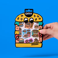Fabulous Stickers Big Burger OMY, vinyl sticker sheet with burgers, fries and fast food, playful and colorful design