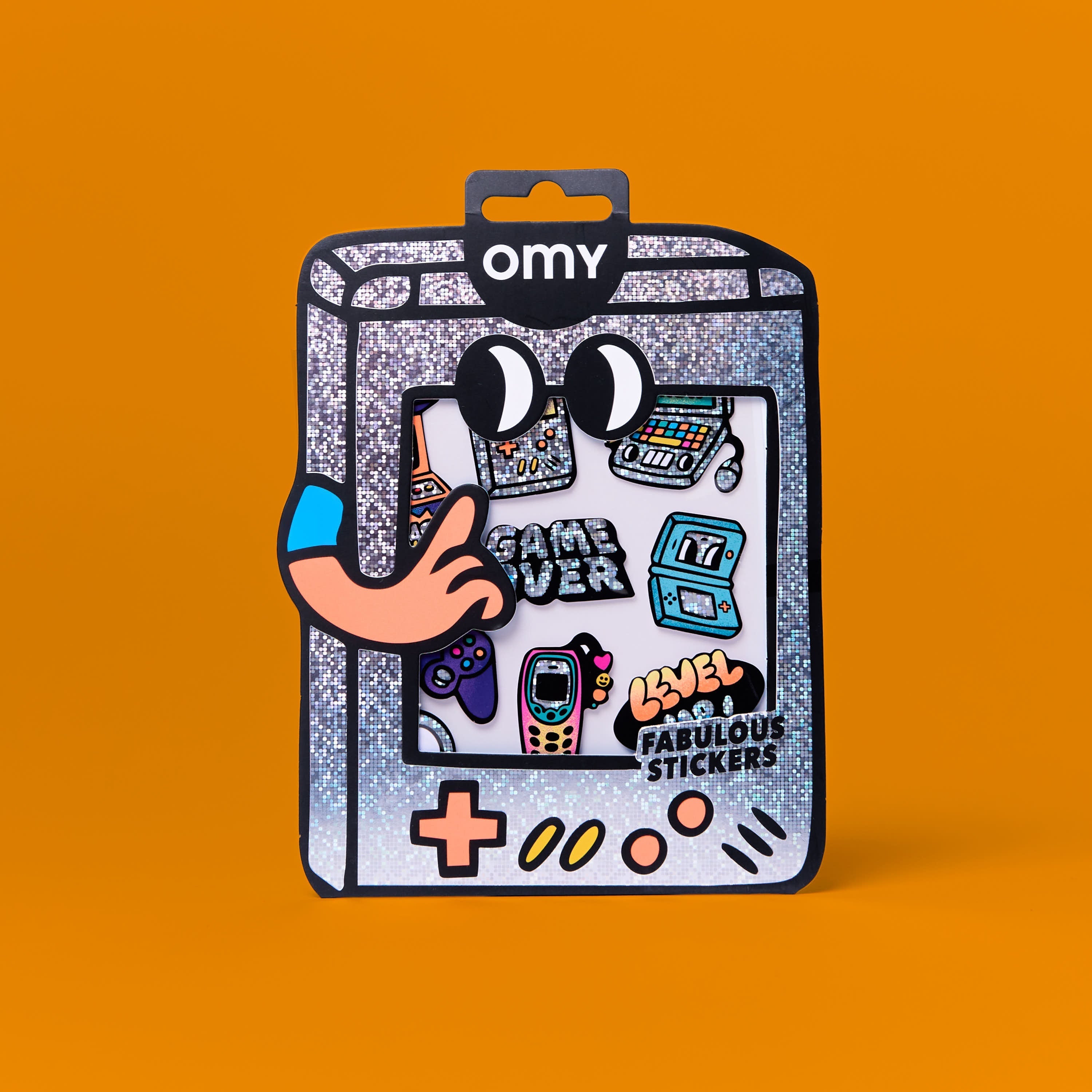 Pack of stickers big game boy OMY on a silver background