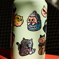 Close-up of OMY holographic kawaii cat stickers, glossy vinyl stickers from the Fabulous Stickers Kitty collection.