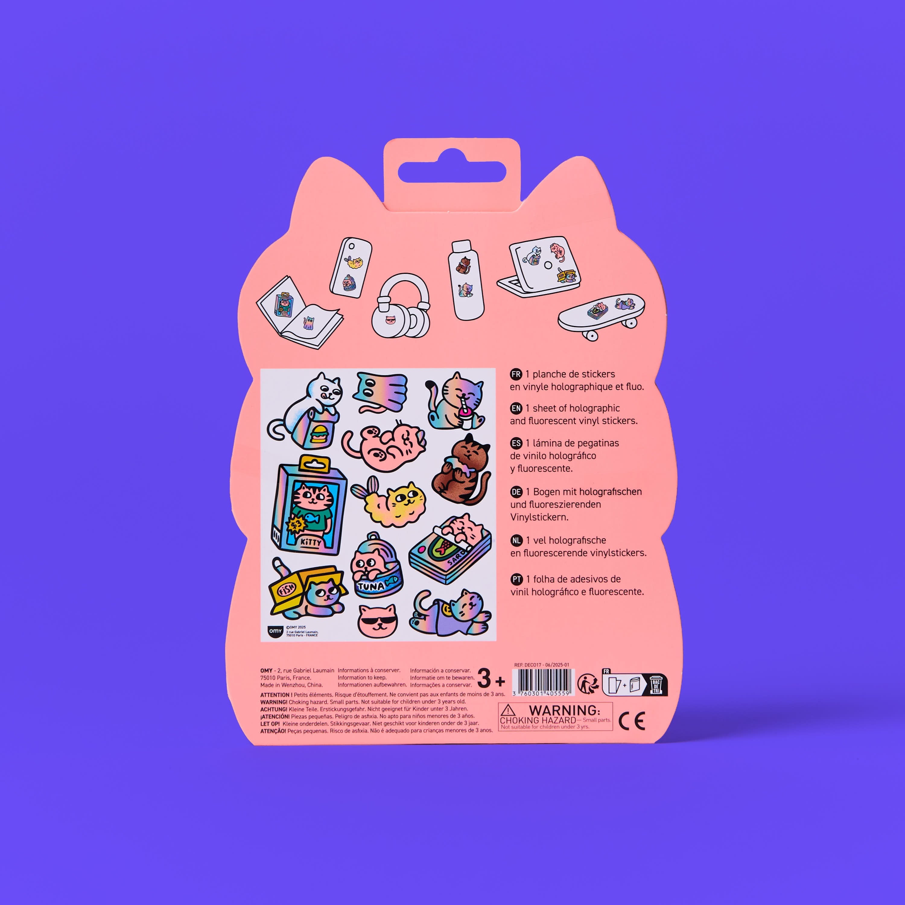 Back of the OMY Fabulous Stickers Kitty sticker sheet, cat stickers in holographic and fluorescent vinyl.