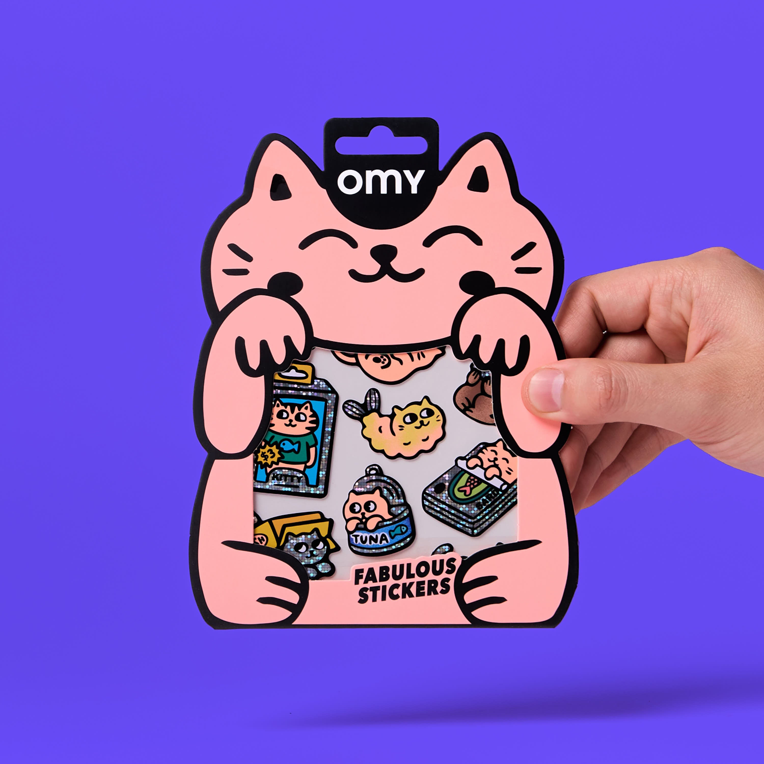 Stickers chats kawaii holographiques OMY Fabulous Stickers Kitty, planche d’autocollants vinyle tenue à la main