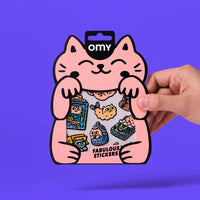 OMY Fabulous Stickers Kitty holographic kawaii cat stickers, vinyl sticker sheet held in hand.