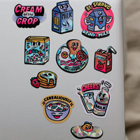 Gros plan planche de stickers Milk OMY, autocollants vinyle petit-déjeuner holographiques