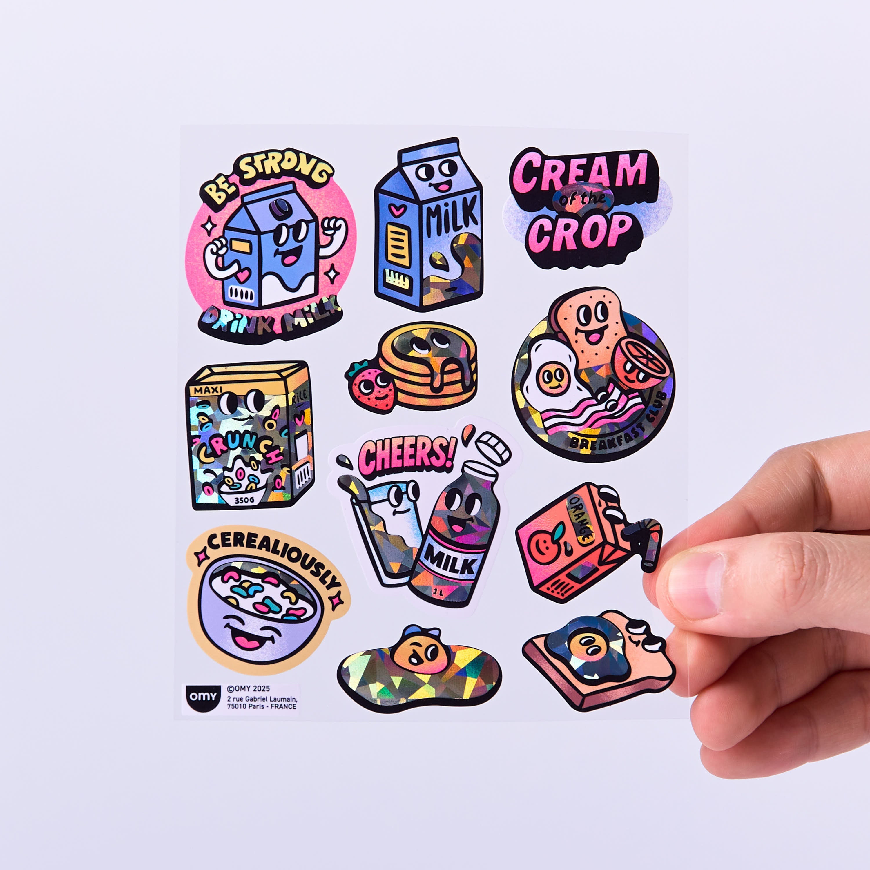 Planche de stickers Milk OMY avec illustrations petit-déjeuner, céréales, pancakes et briques de lait
