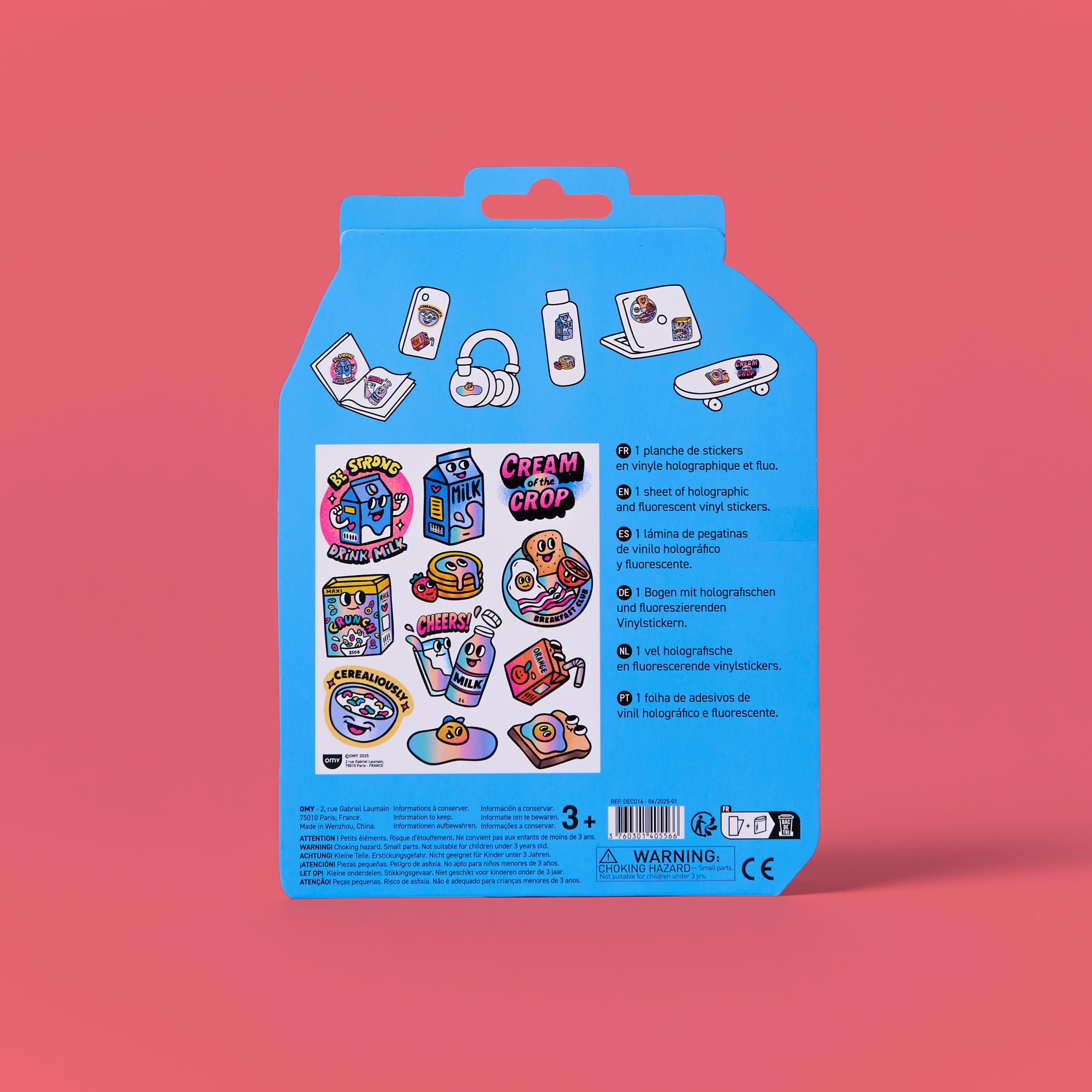 Dos du packaging Fabulous Stickers Milk OMY, planche de stickers vinyle holographiques et fluorescents