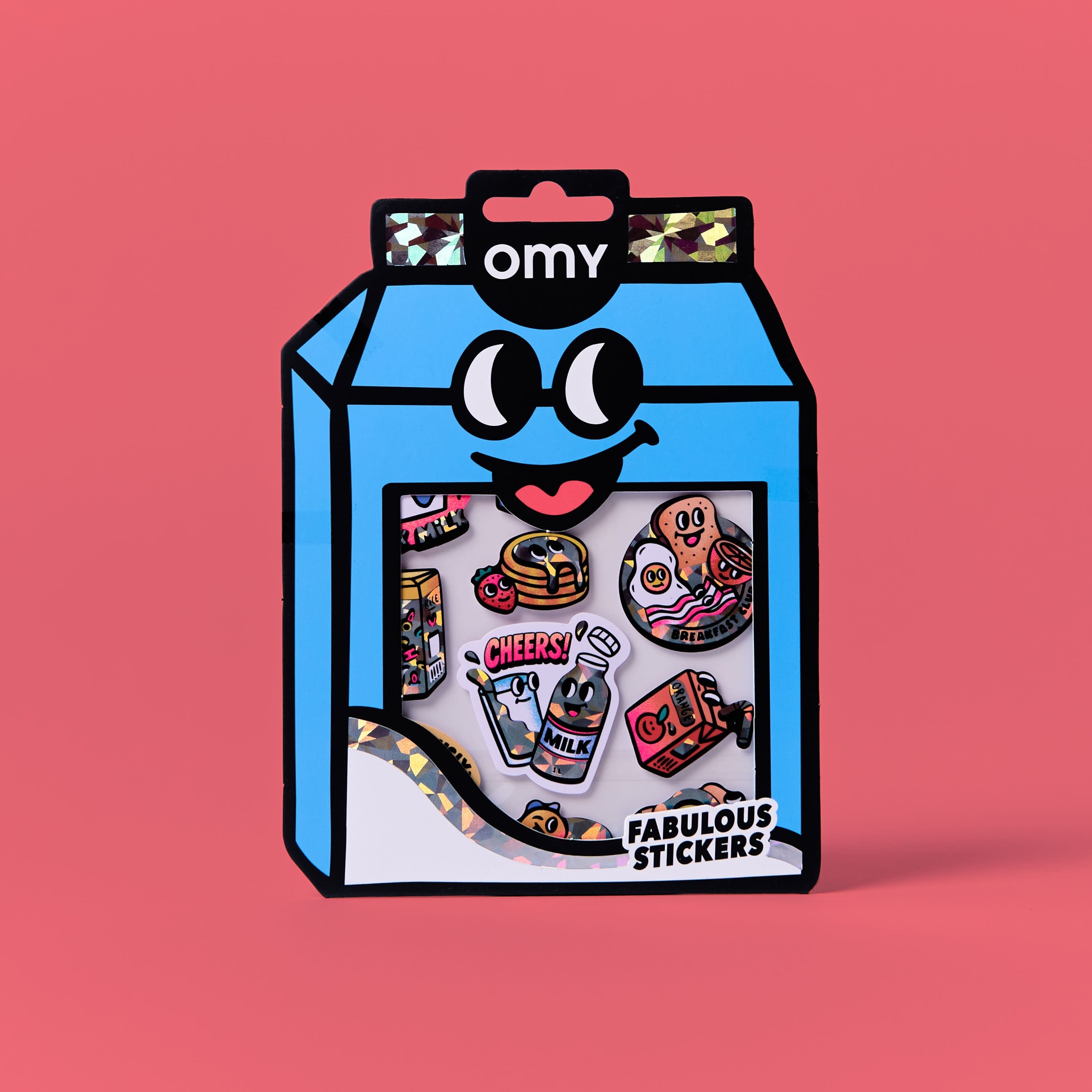 Pack of stickers big Milk OMY on a pink background