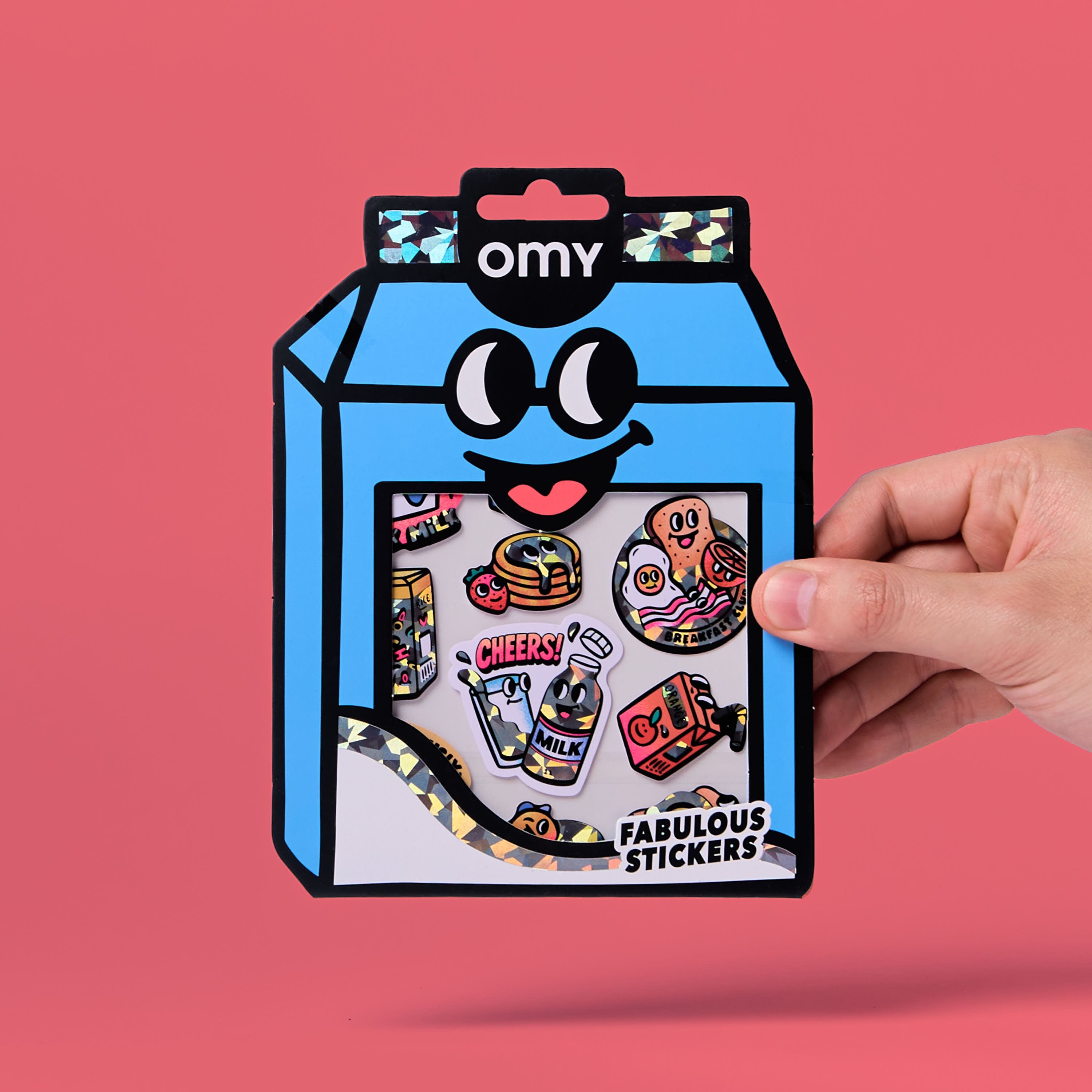 Détails stickers Milk OMY holographiques, céréales, pancakes, lait et jus de fruits