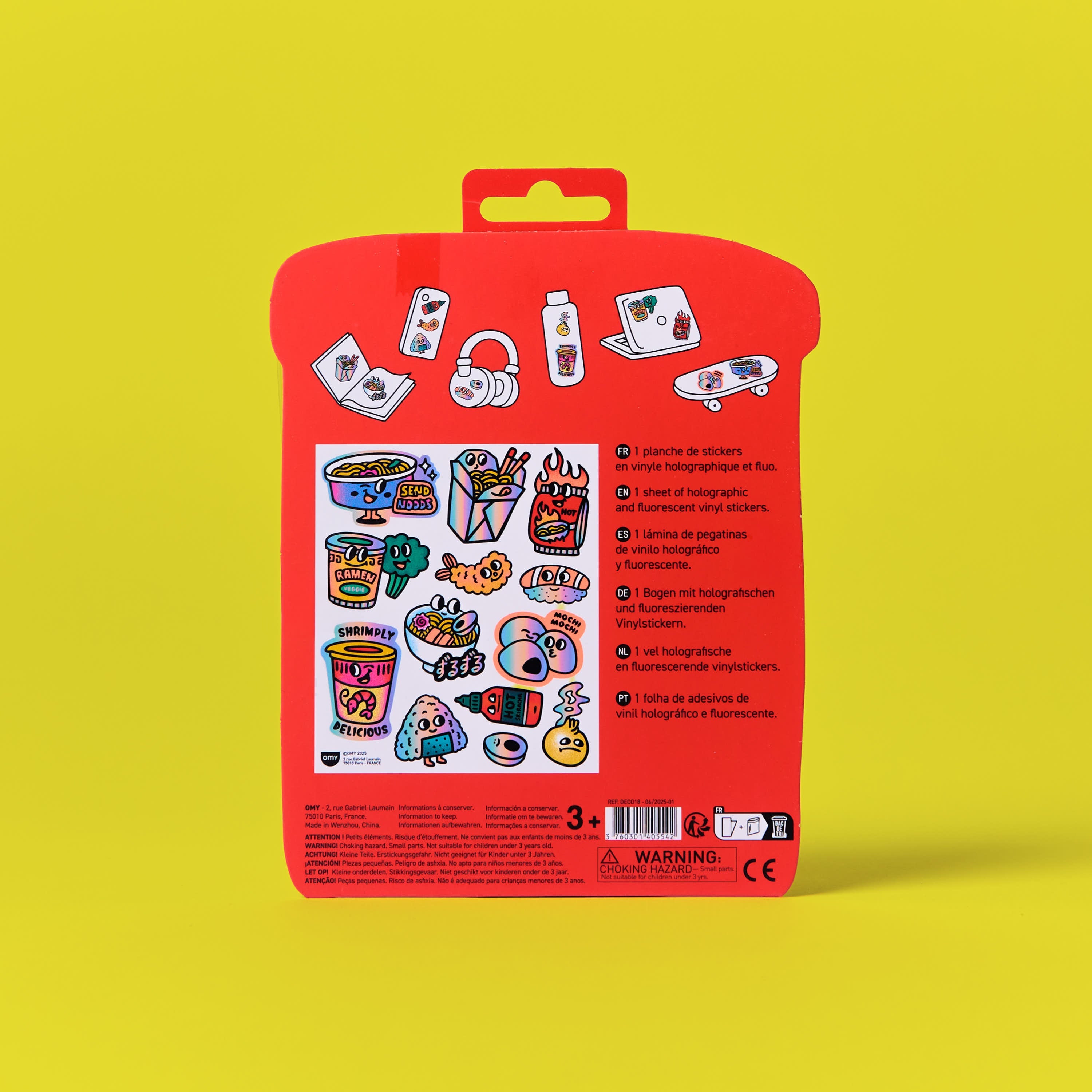 Back of the Fabulous Stickers Noodle OMY packaging with a preview of the ramen stickers and product information.