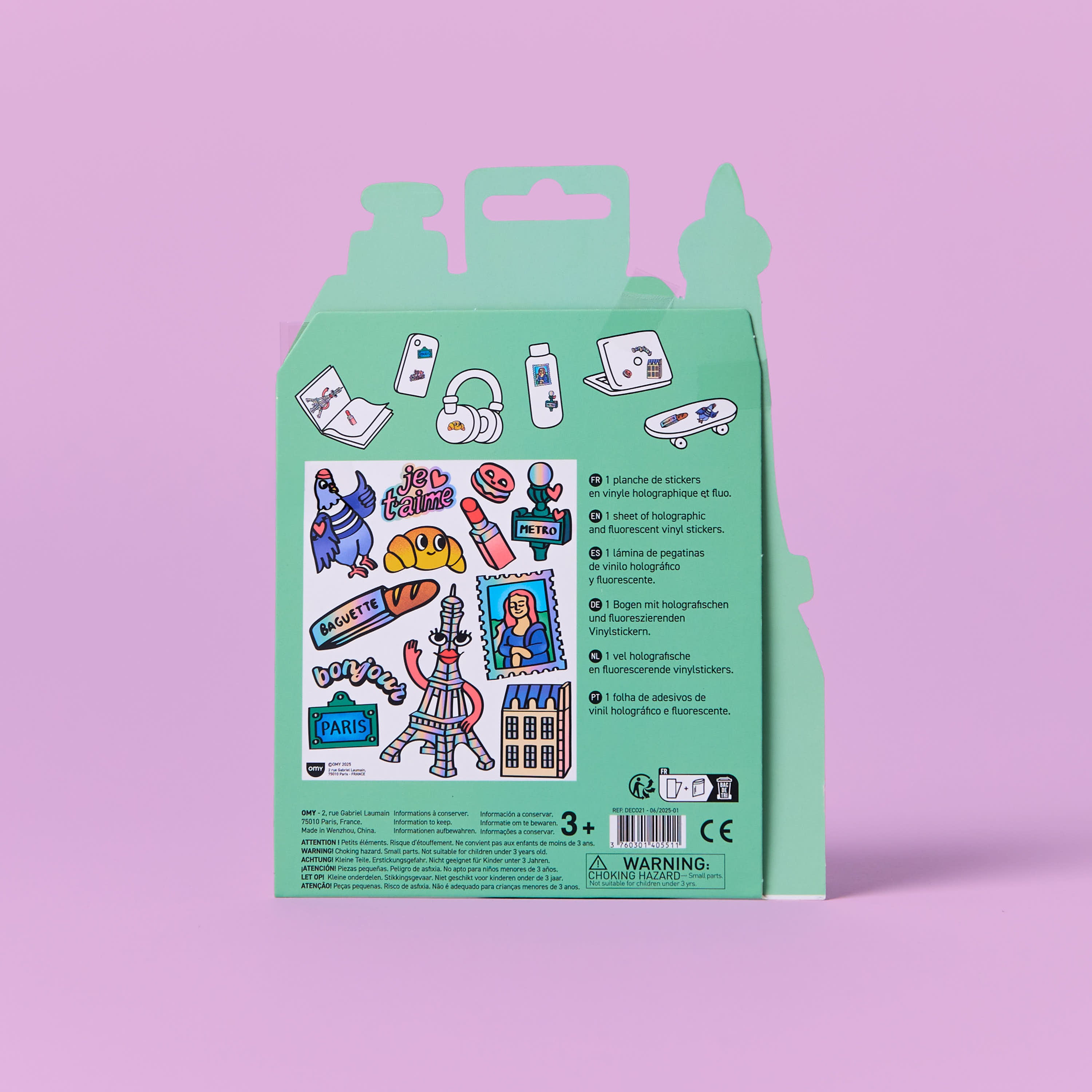 Dos du packaging Fabulous Stickers Paris OMY présentant la planche de stickers en vinyle holographique et fluorescent et les informations produit.