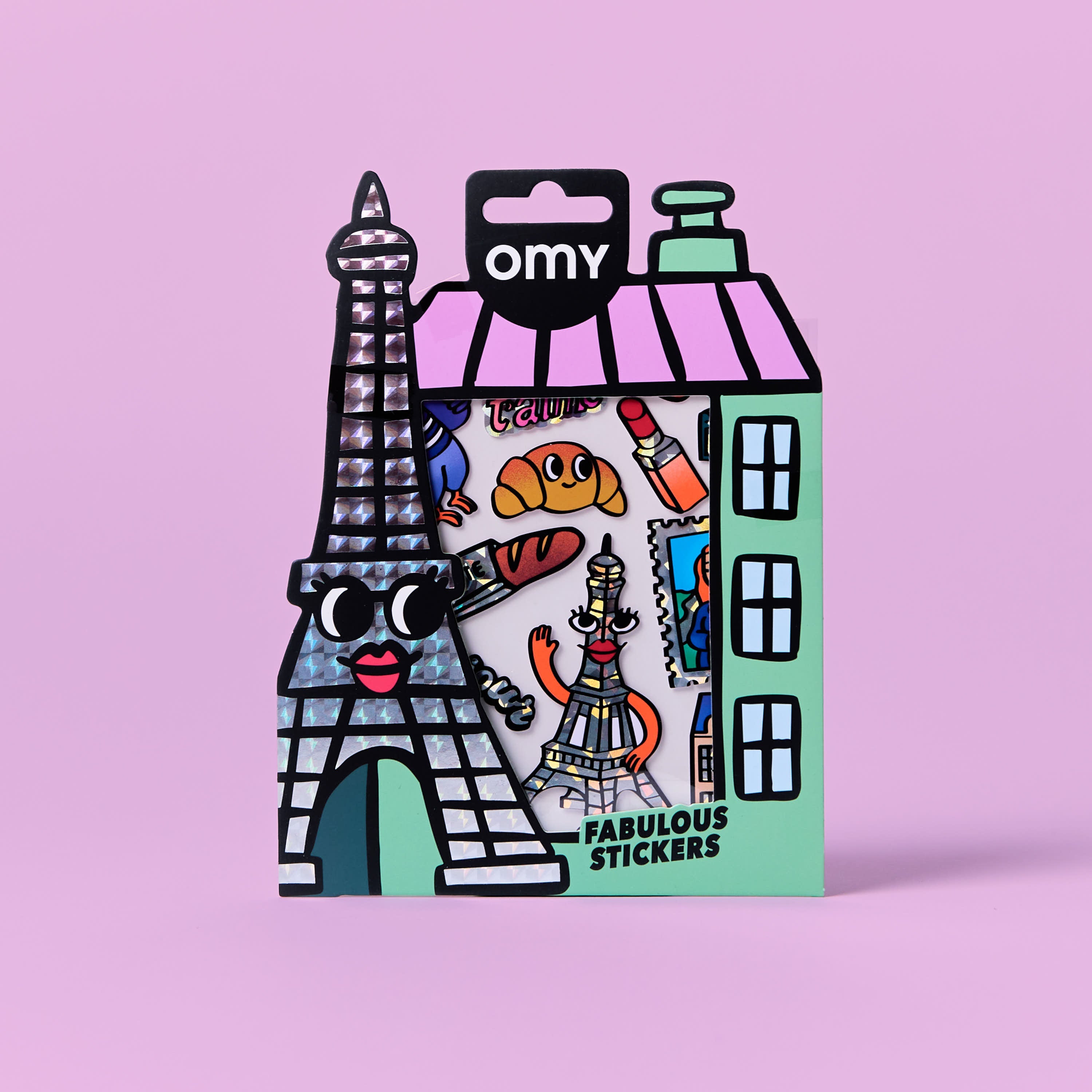 Packaging Fabulous Stickers Paris OMY avec fenêtre transparente laissant apparaître les stickers holographiques sur fond rose.