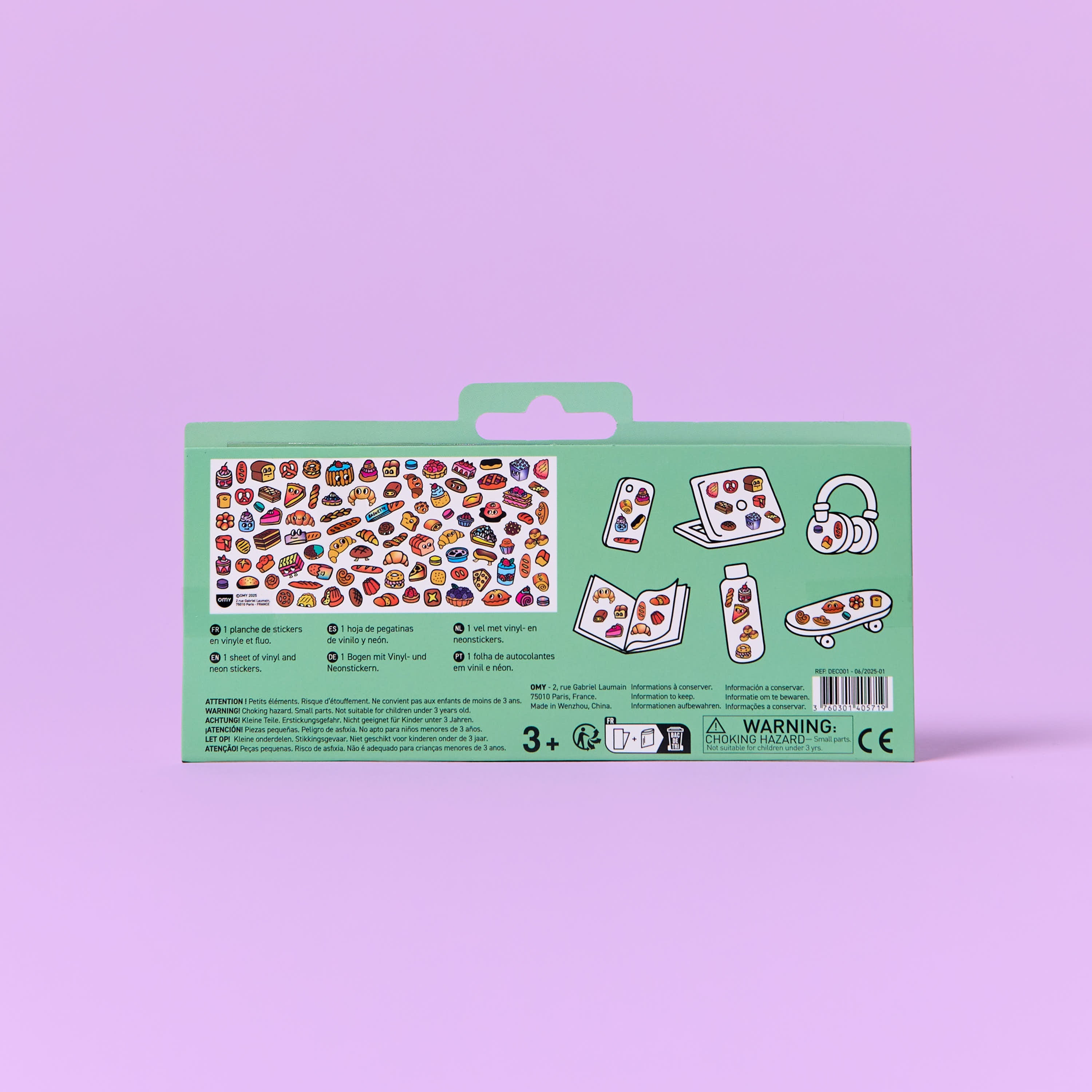 Dos du packaging Fabulous Stickers Boutique French Baguette OMY avec planche de stickers et idées d’utilisation