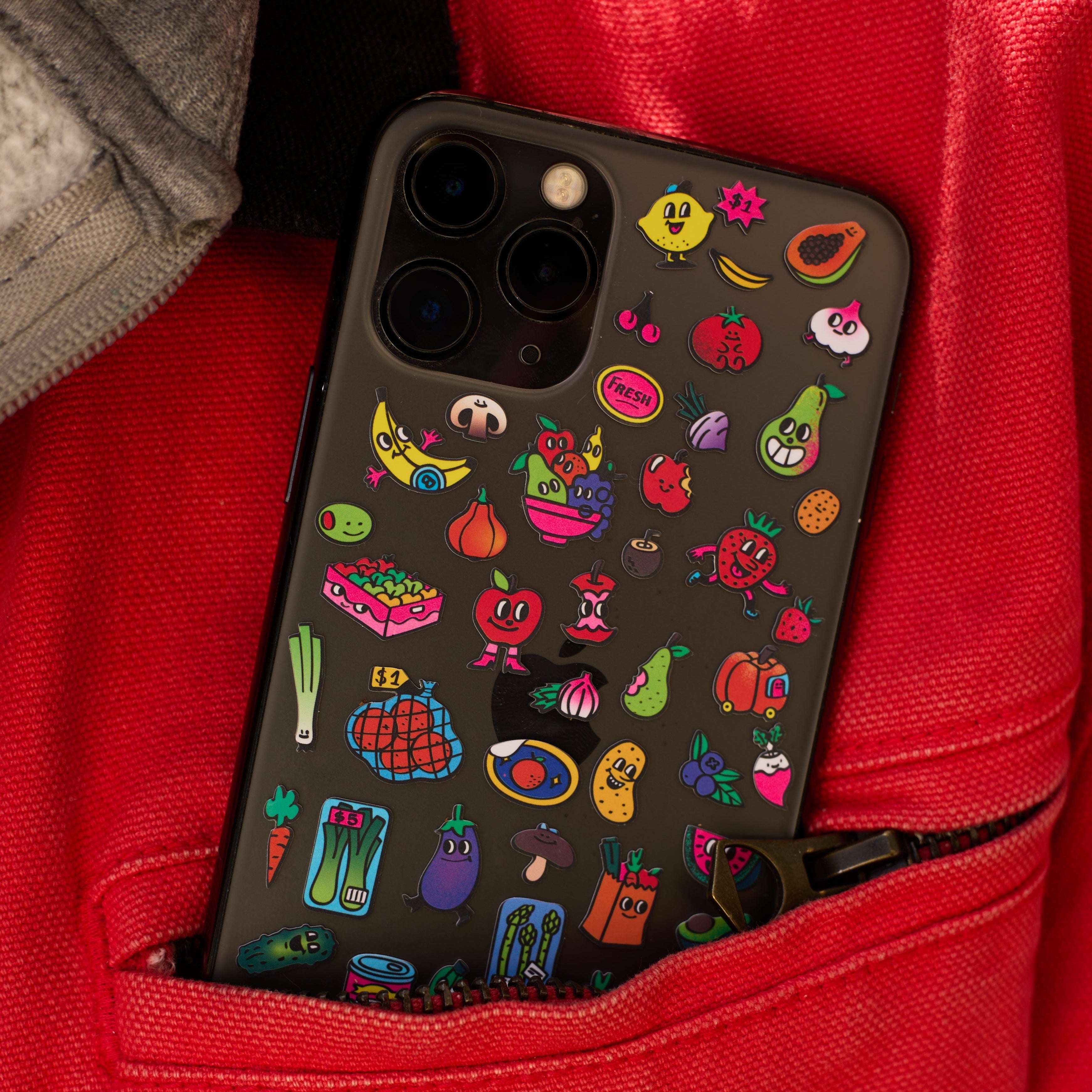 Farmer's Market vinyl stickers applied to a phone case, funny fruits and vegetables, durable and waterproof