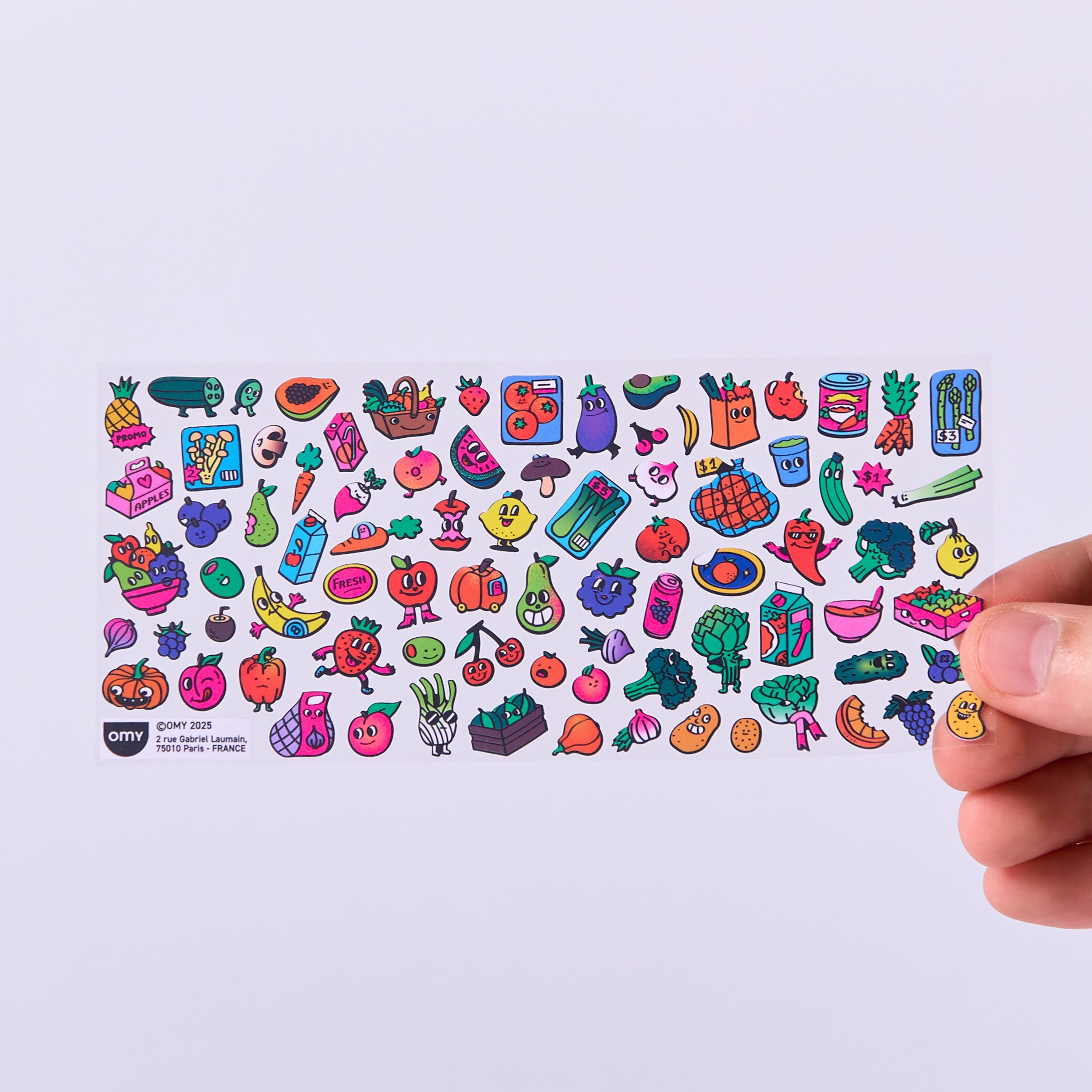 Planche complète de stickers Farmer’s Market avec fruits, légumes et paniers de marché, illustrations colorées OMY