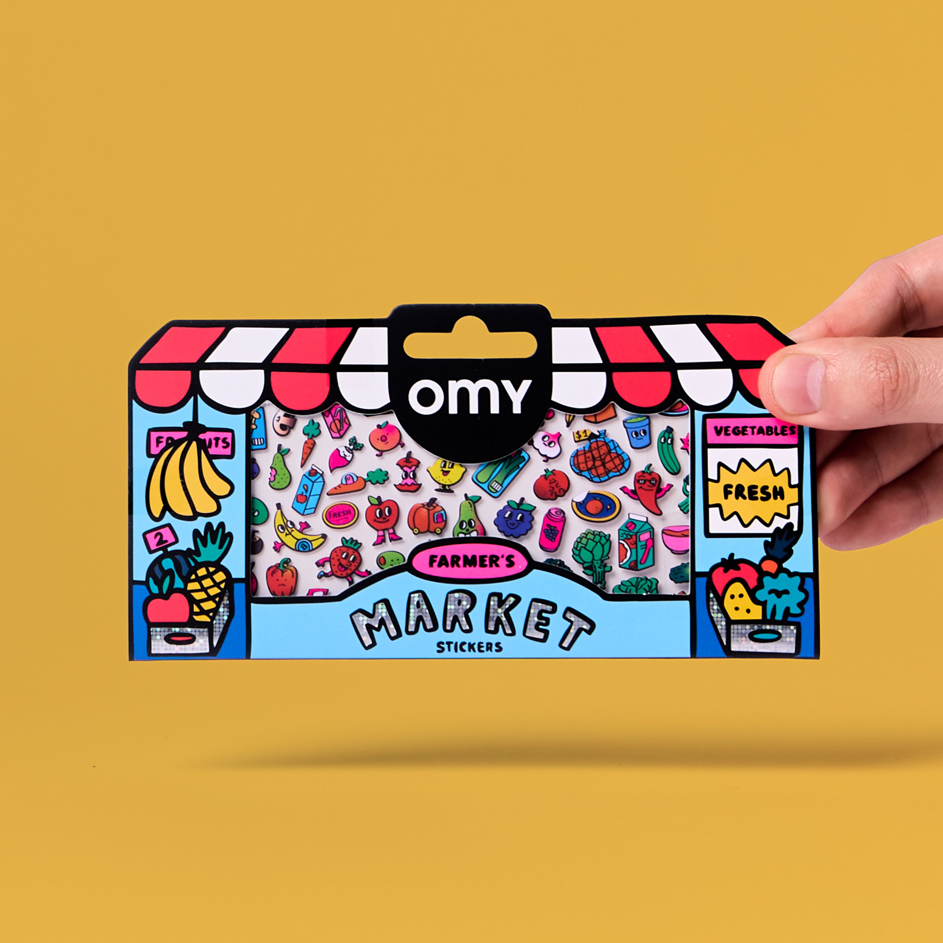 Fabulous Stickers Farmer's Market OMY sticker sheet, colorful market stall with illustrated fruits and vegetables, fluorescent vinyl stickers