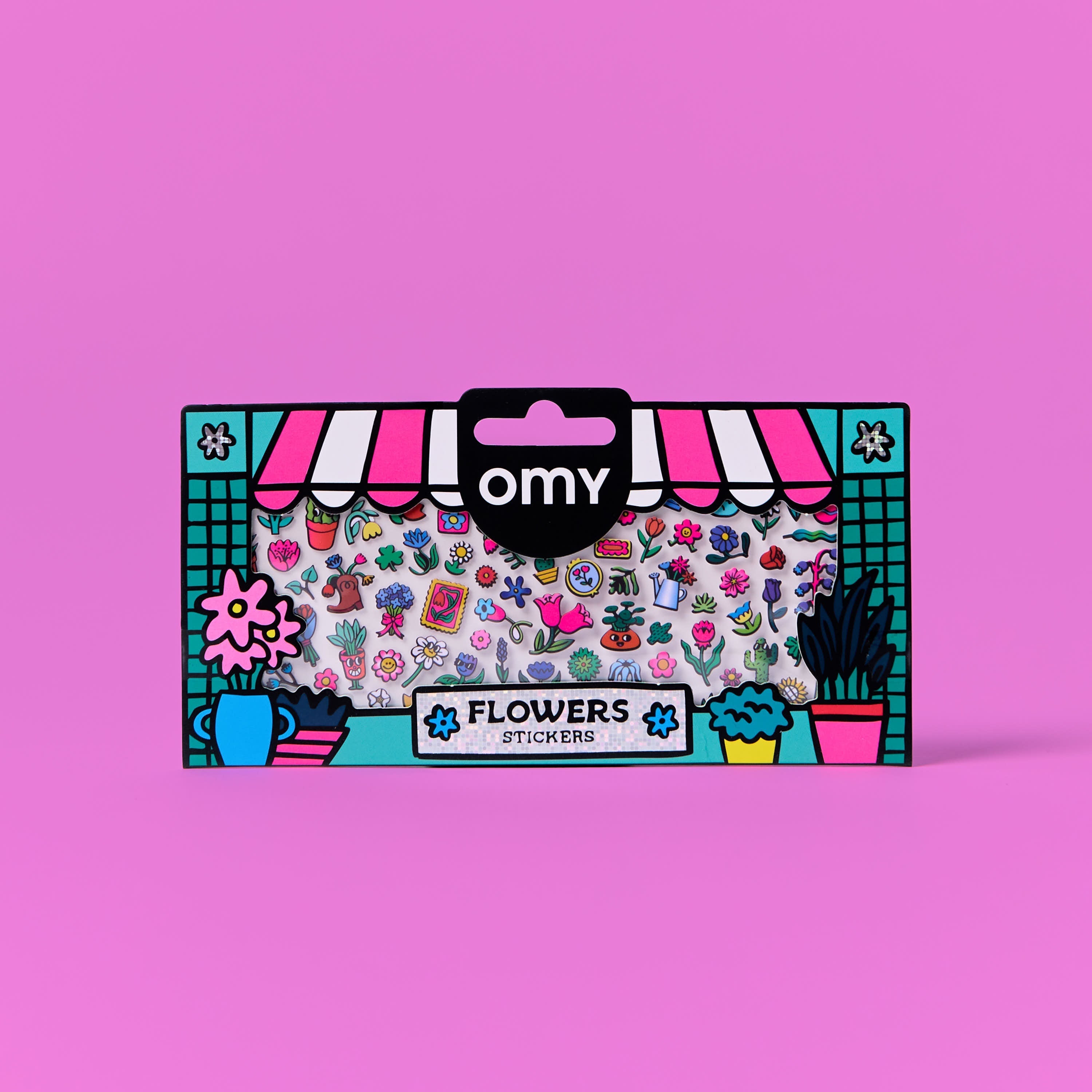 OMY flower sticker pack on a pink background