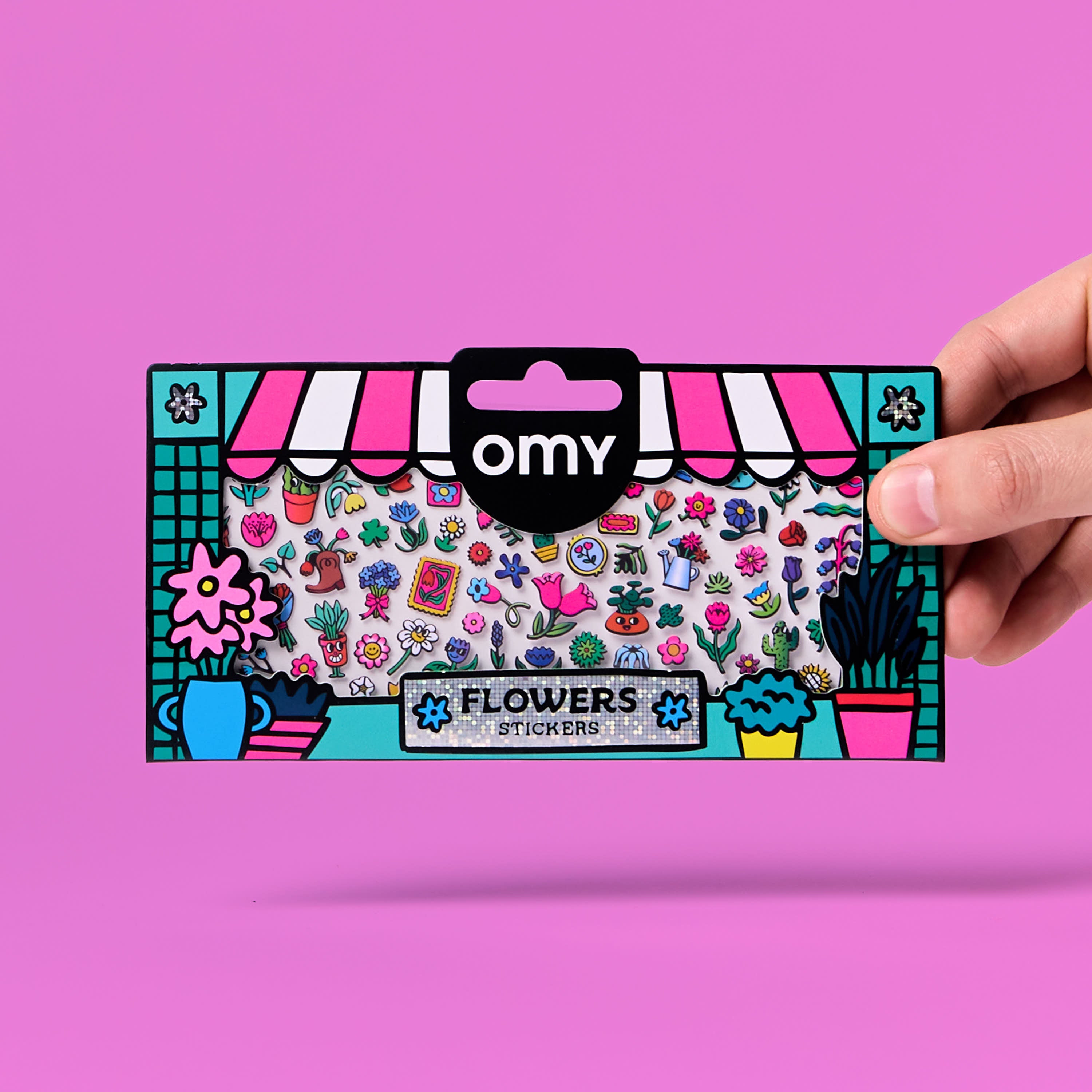 Fabulous Stickers Flowers OMY, sticker sheet of fluorescent vinyl flower stickers, flower shop packaging on a pink background