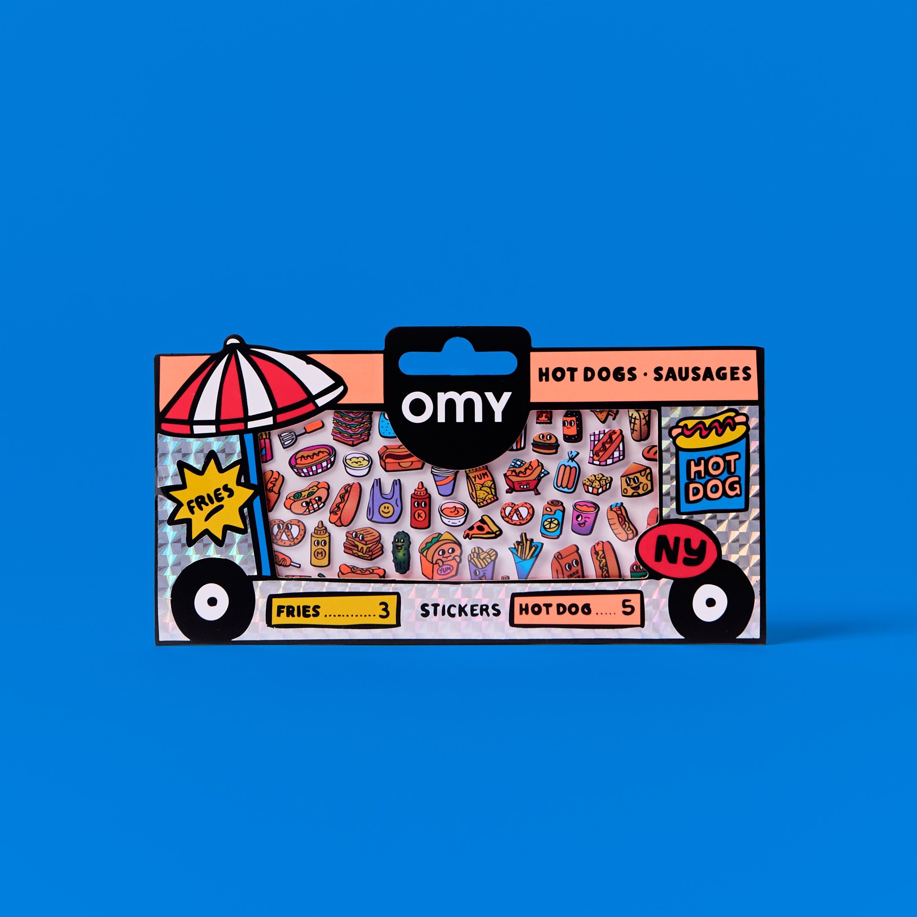 OMY Hot Dog Shop sticker set packaging with colorful food truck design on a blue background