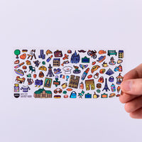 Foglio di sticker Café de Paris OMY con icone parigine, Torre Eiffel, caffè, croissant, metro e dettagli illustrati