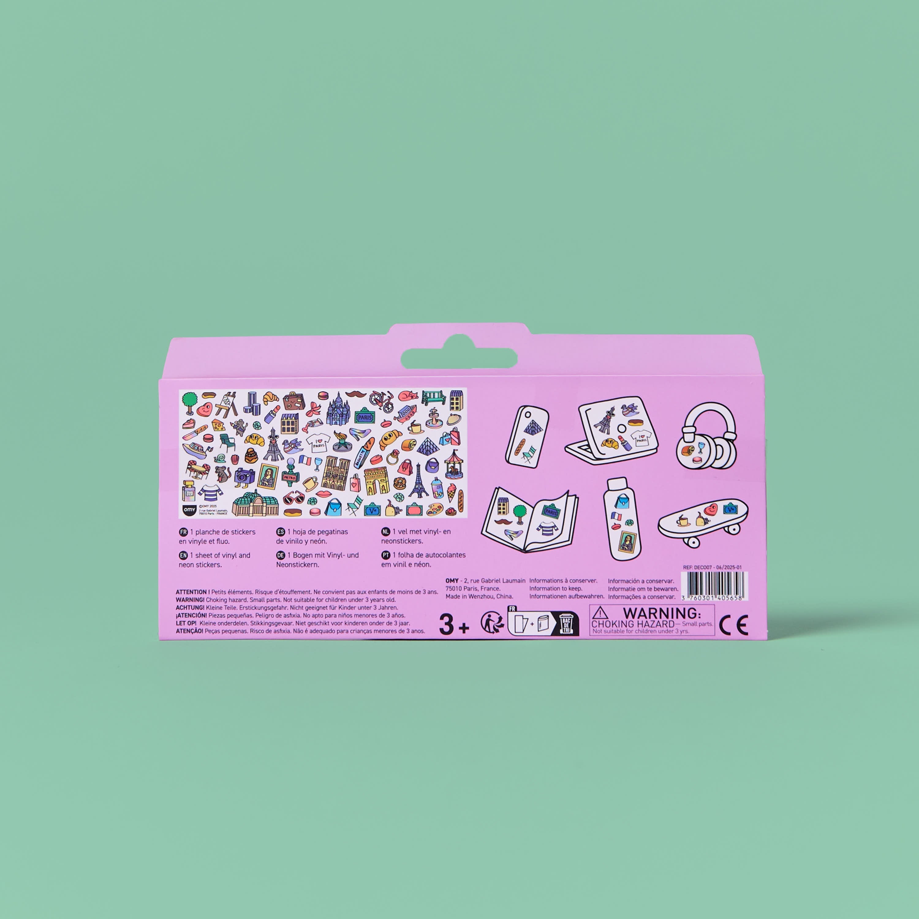 Retro della confezione Fabulous Stickers Café de Paris OMY, anteprima del foglio ed esempi di utilizzo su oggetti