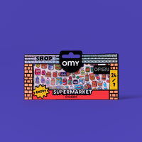Pack di sticker OMY supermercato su sfondo viola