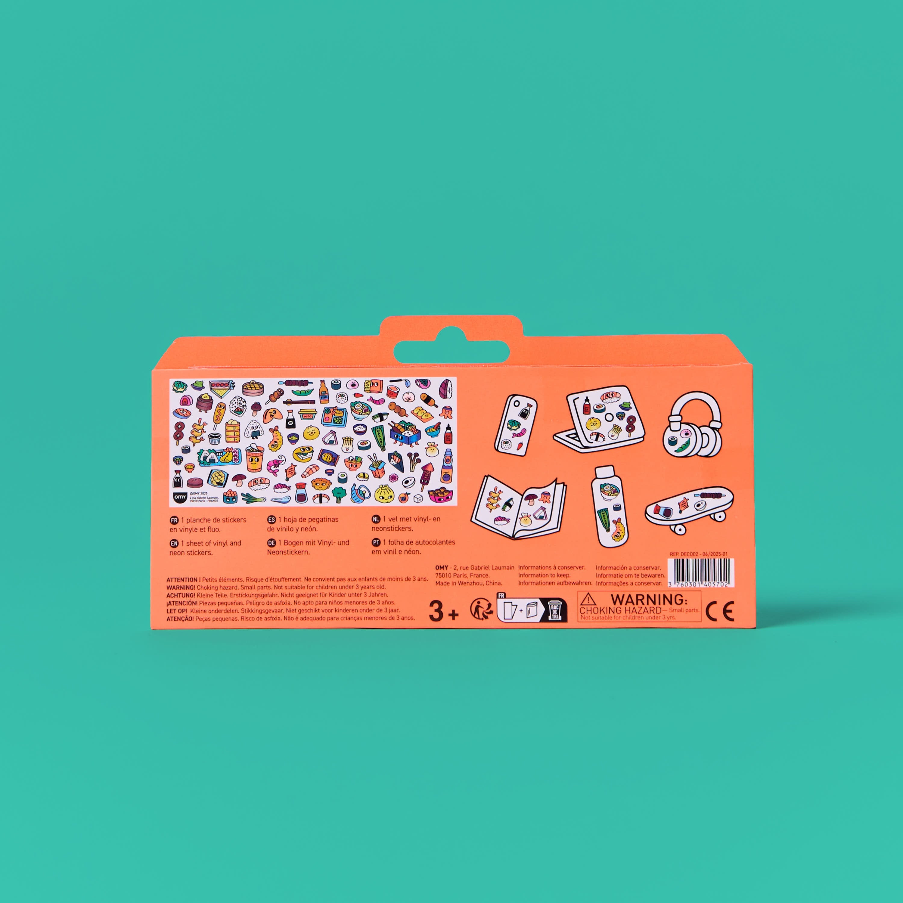 Dos du packaging Fabulous Stickers Sushi Shop OMY avec illustrations et idées d’utilisation