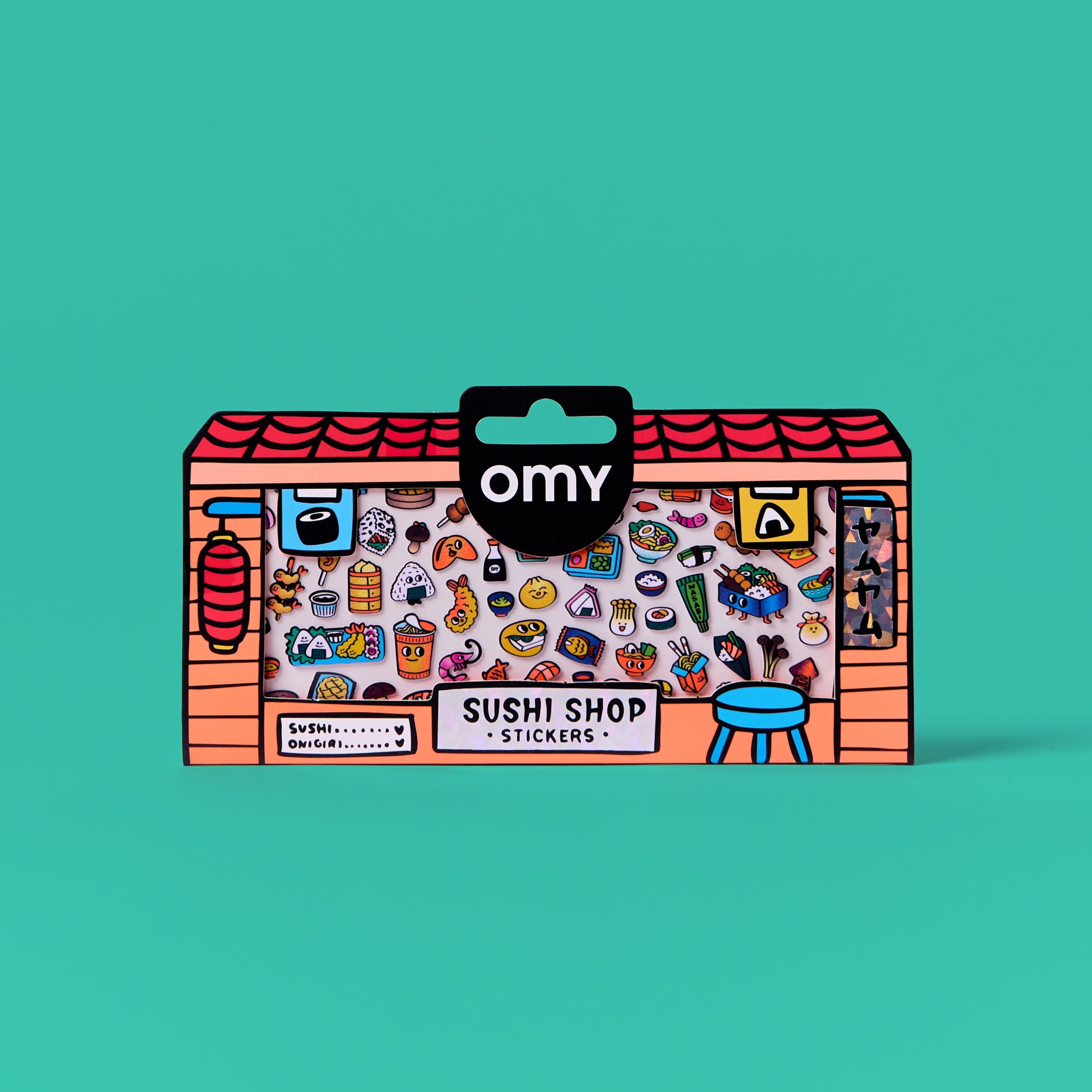 Pack of OMY stickers with a sushi shop theme on a teal background