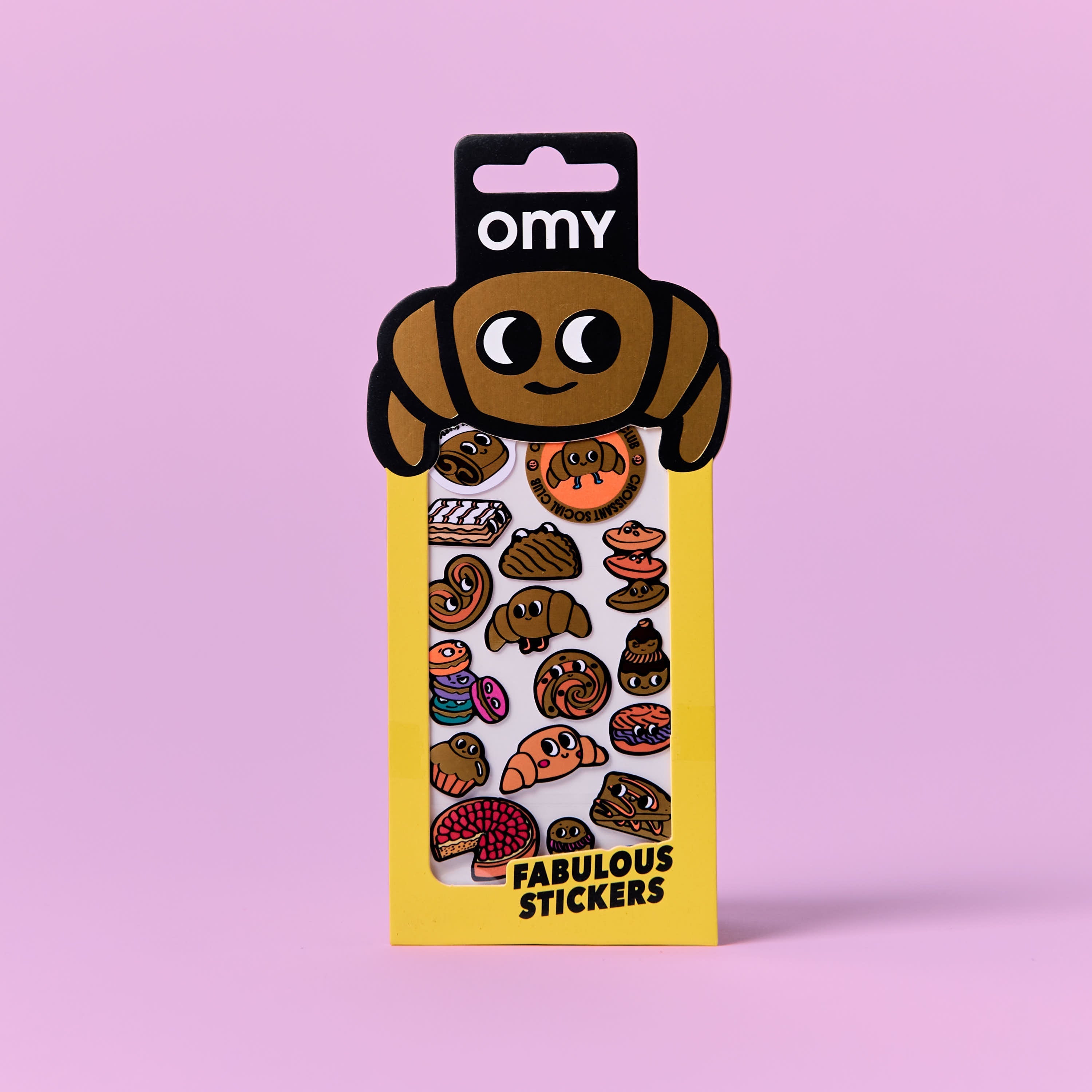 Iconic Croissant OMY sticker pack on a pink background